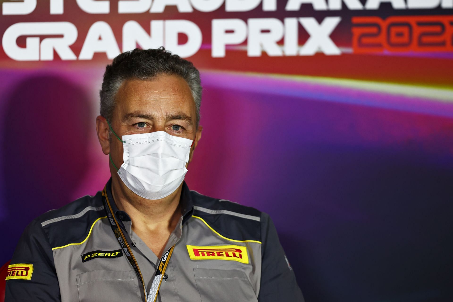 Pirelli boss Mario Isola speaks to the media prior to the 2022 F1 Saudi Arabian GP. (Photo by Lars Baron/Getty Images)