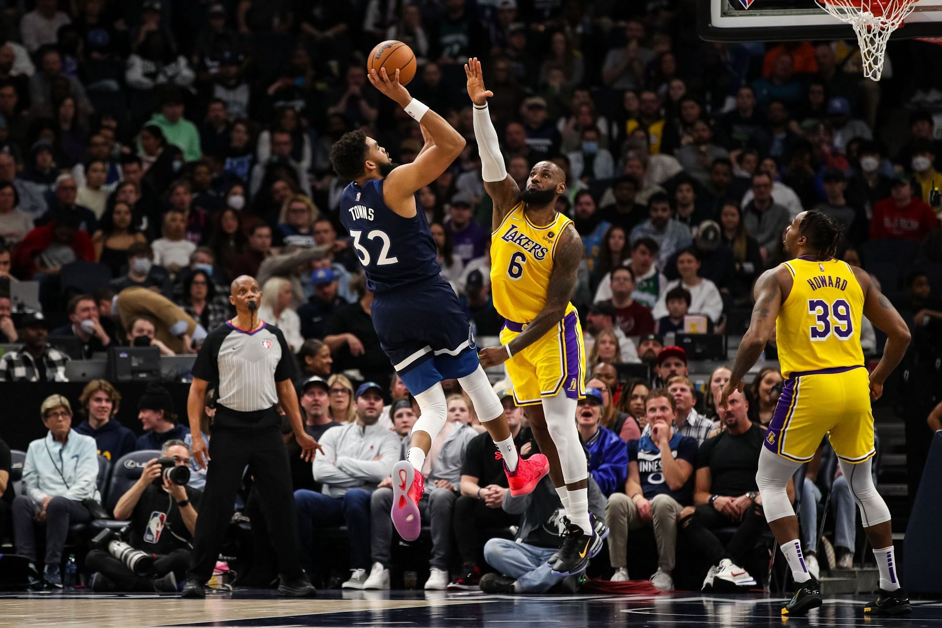 LA Lakers vs. Minnesota Timberwolves: &lt;a href=&#039;https://www.sportskeeda.com/basketball/lebron-james&#039; target=&#039;_blank&#039; rel=&#039;noopener noreferrer&#039;&gt;LeBron&lt;/a&gt; James defending Karl-Anthony Towns