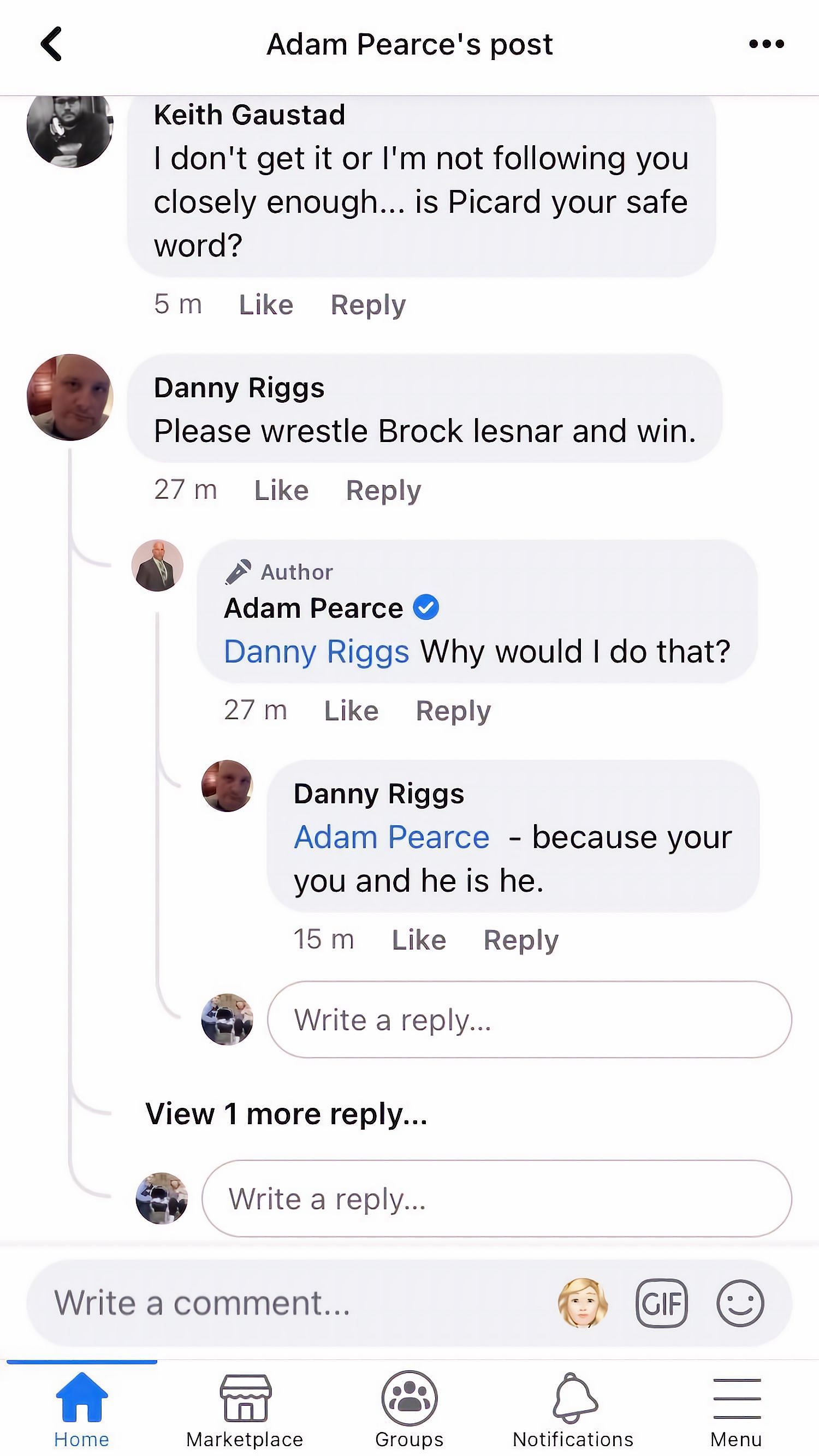 The conversation between a fan and Adam Pearce