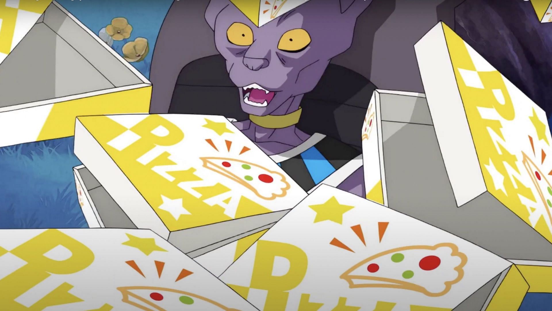 Empty pizza boxes pilling on top of Beerus (Image via Toei Animation)