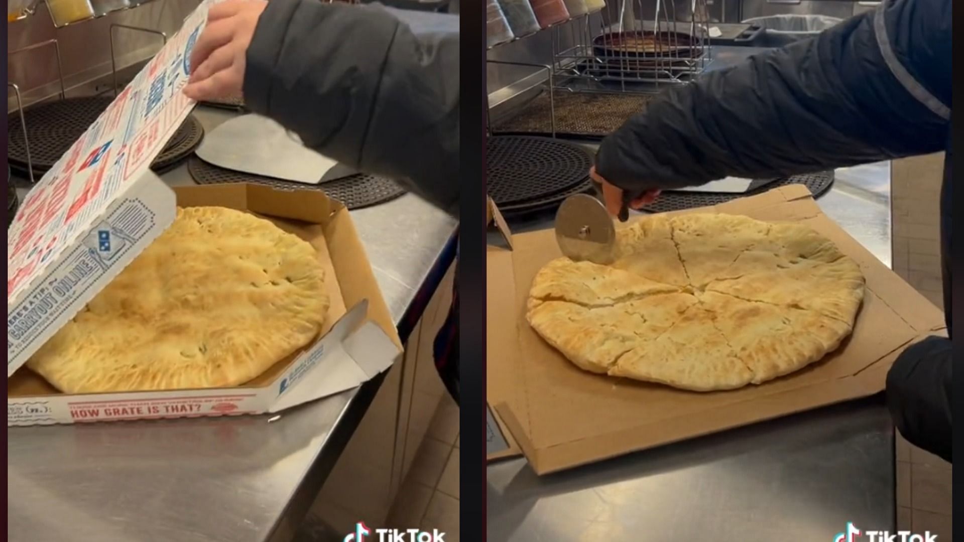 The video of a Domino&#039;s employee packing an empty base has gone viral on TikTok (Image via @beth_dutton/TikTok)