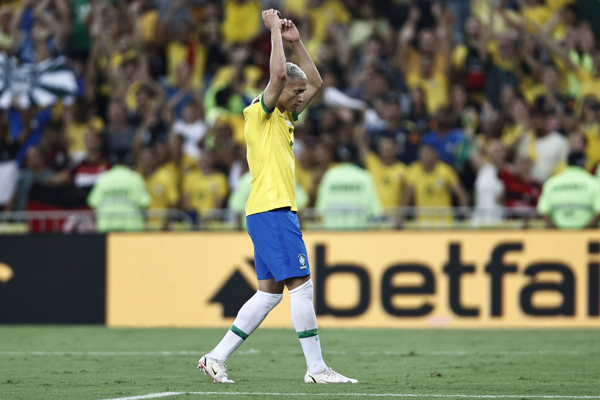 Richarlison celebrates after scoring Brazil's fourth goal against Chile.