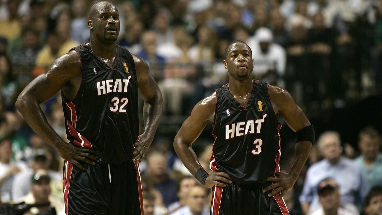 Shaquille O&#039;Neal and Dwayne Wade share the floor for the Miami Heat [Source: OpenCourt Basketball]