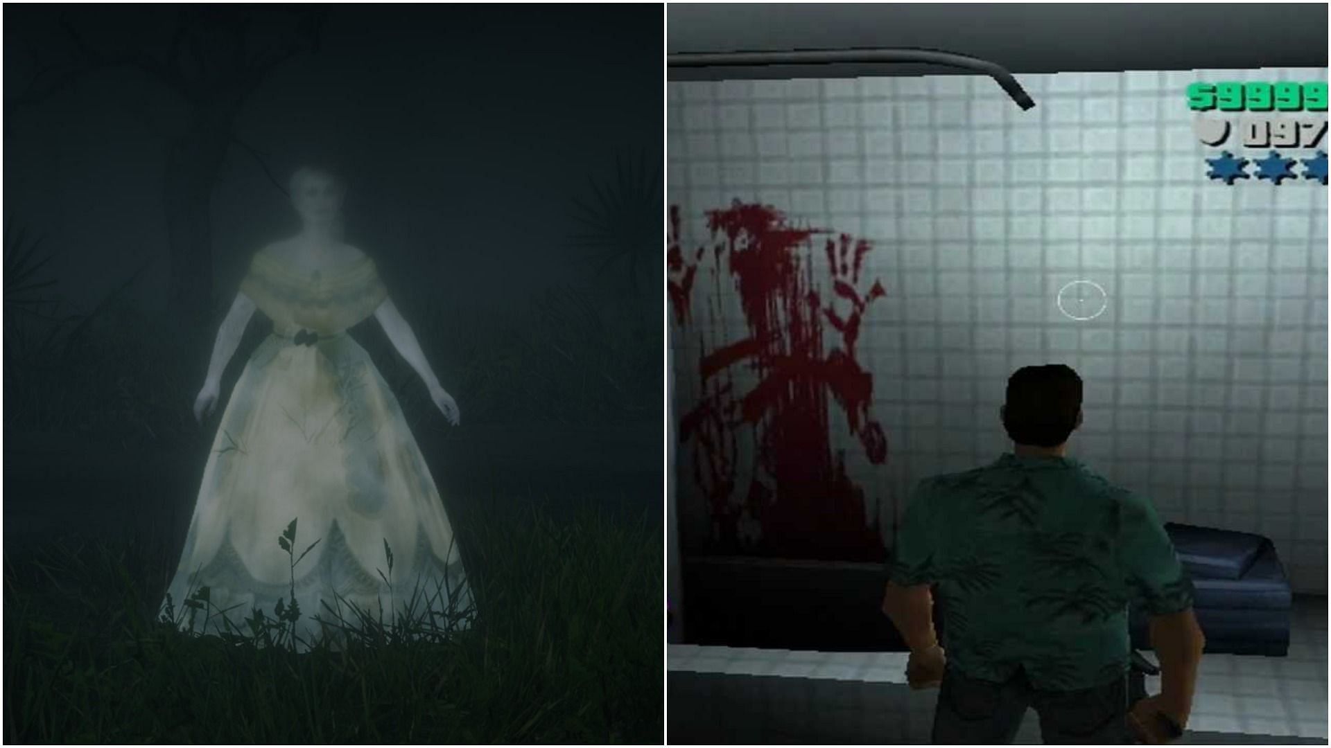 When it comes to Rockstar Games and Easter Eggs, unexpected ghostly apparitions have become a reoccurring trend (Image via - Twitter/ @RedDead2Photo and YouTube/ Gamesmodworld)