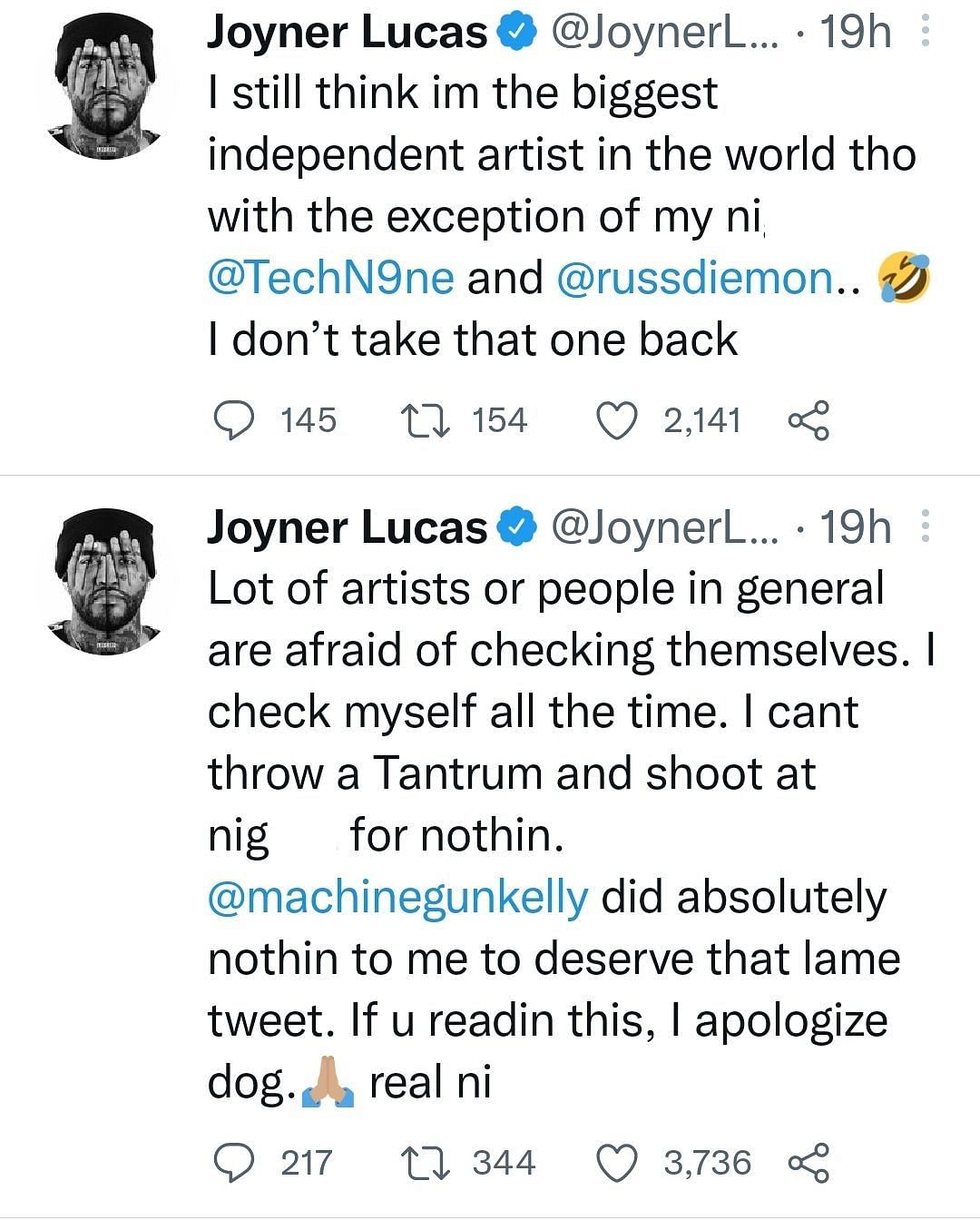 Joyner Lucas&#039; apology tweets towards MGK (Image via JoynerLucas/Twitter)