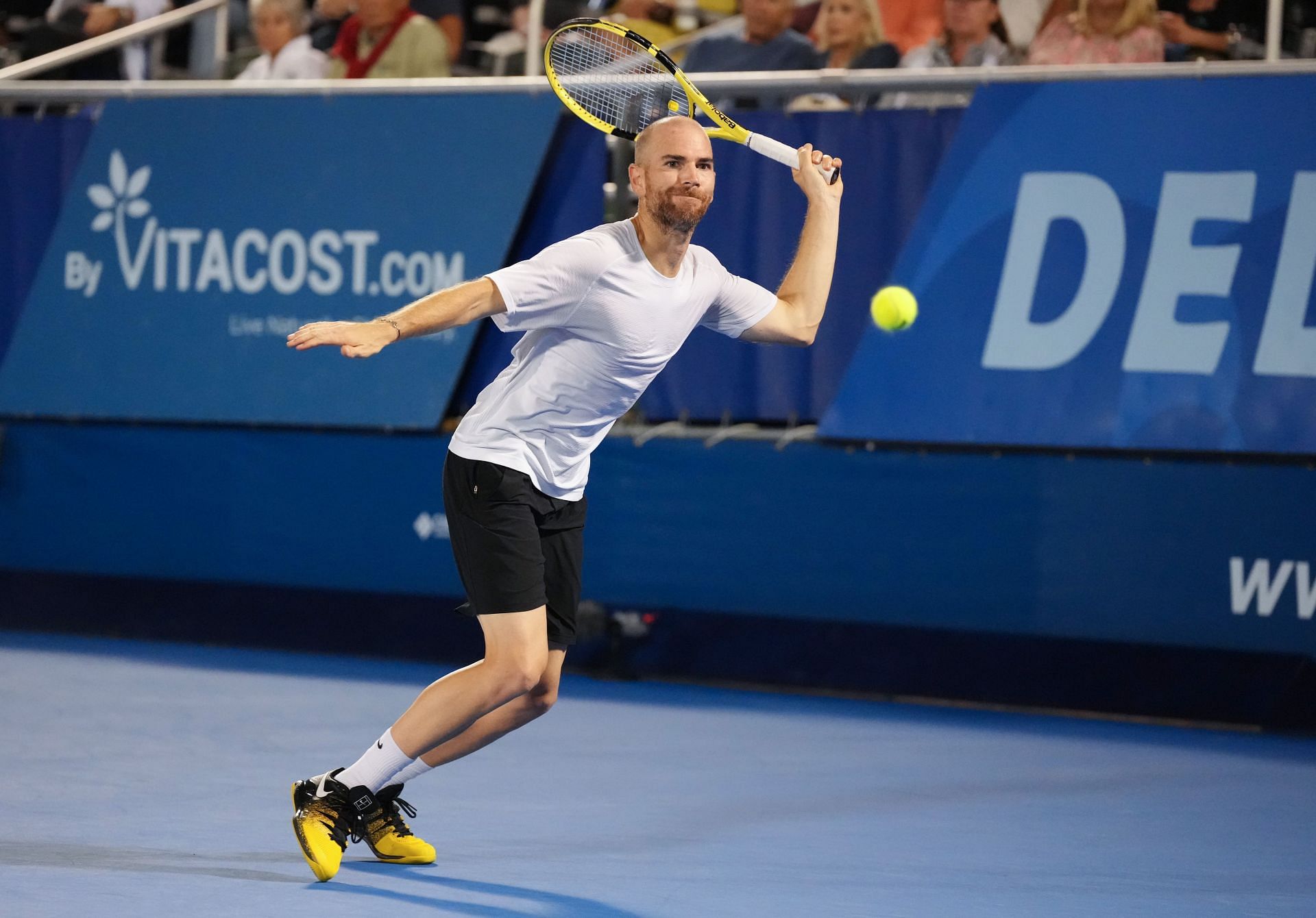 Adrian Mannarino in action at the Delray Beach Open