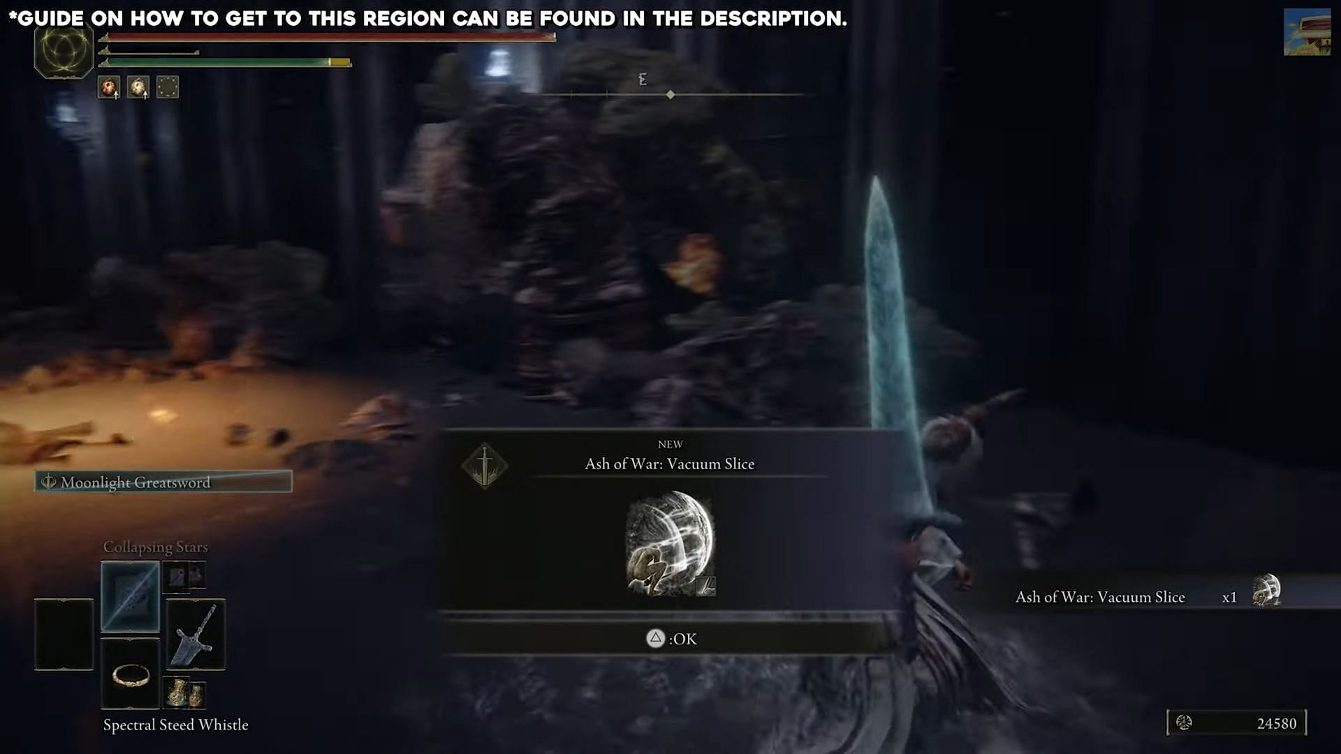 Vaccum Slice allows players to release an attack that cuts through enemies in Elden Ring (Image via 100% Guides/Youtube)