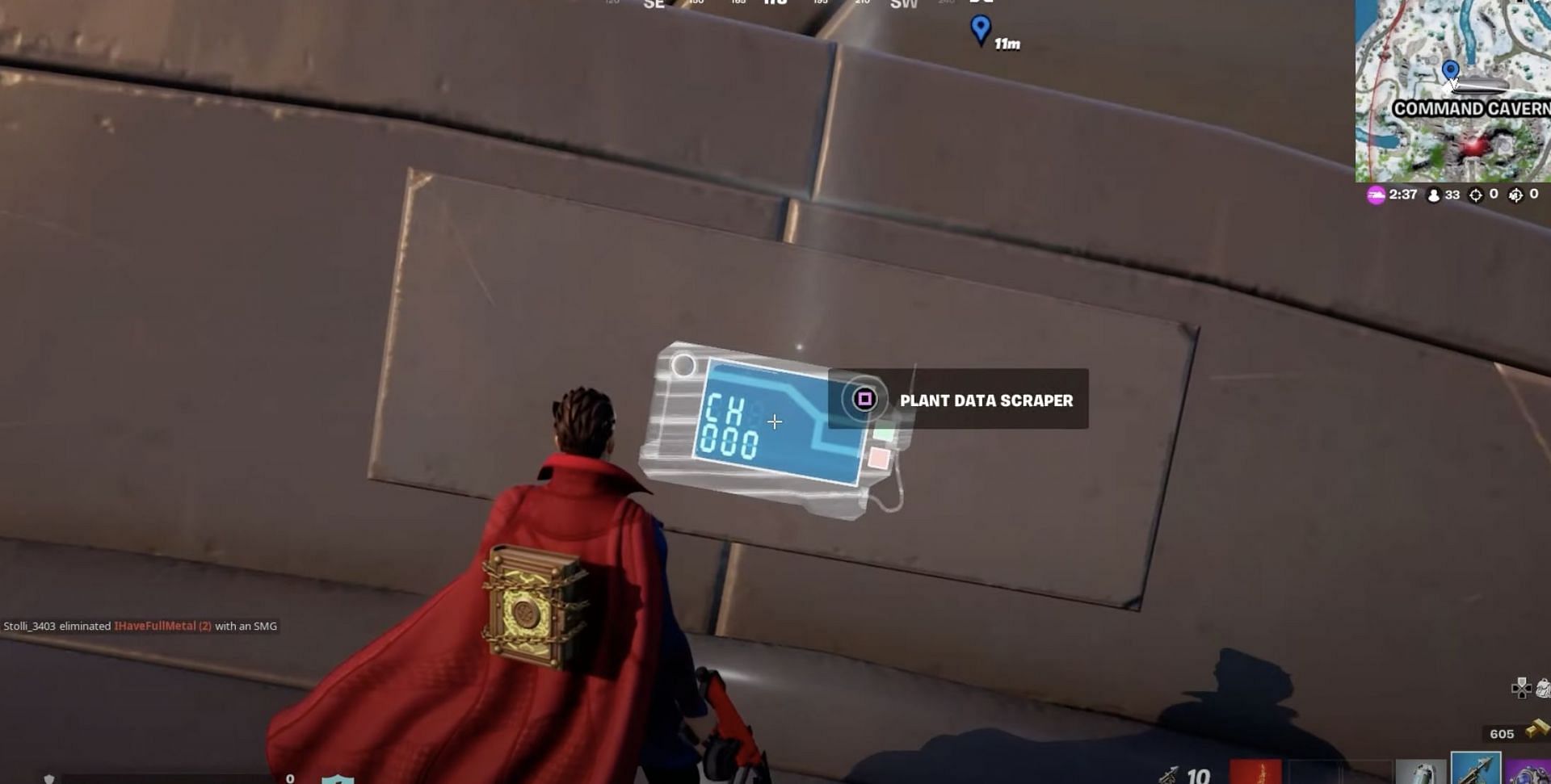 Planting the Data Scraper on an IO Airship in Fortnite (Image via Perfect Score/YT)