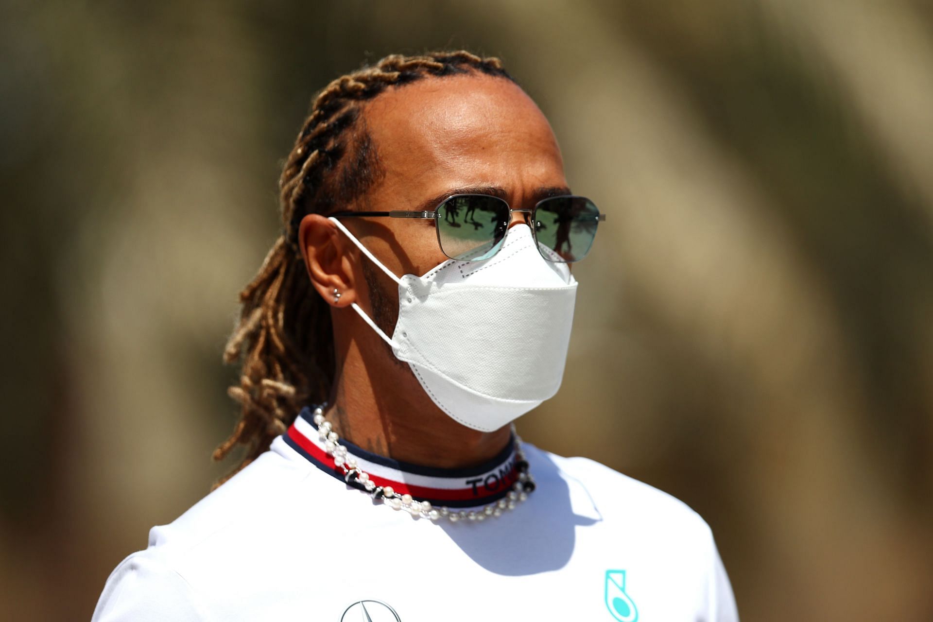 Lewis Hamilton in the Paddock ahead of the Bahrain GP (Photo by Lars Baron/Getty Images)