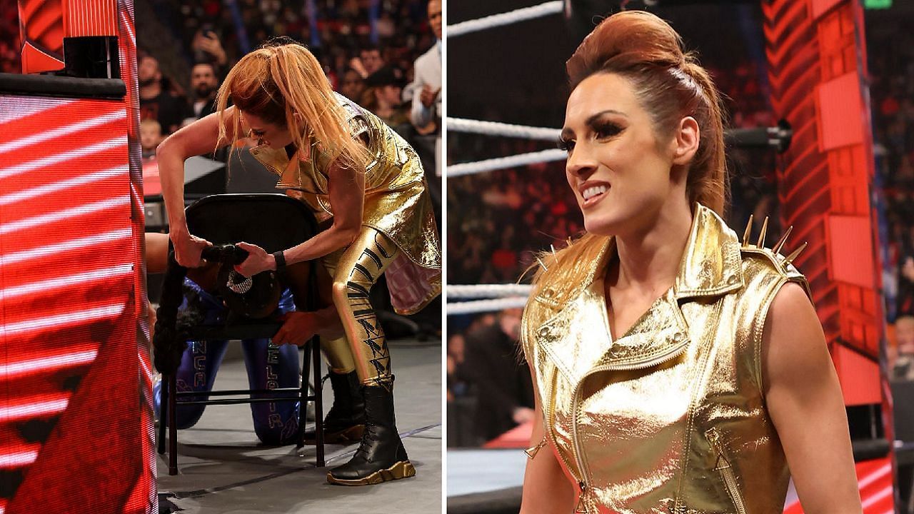 Becky Lynch reacts after her brutal attack on Bianca Belair