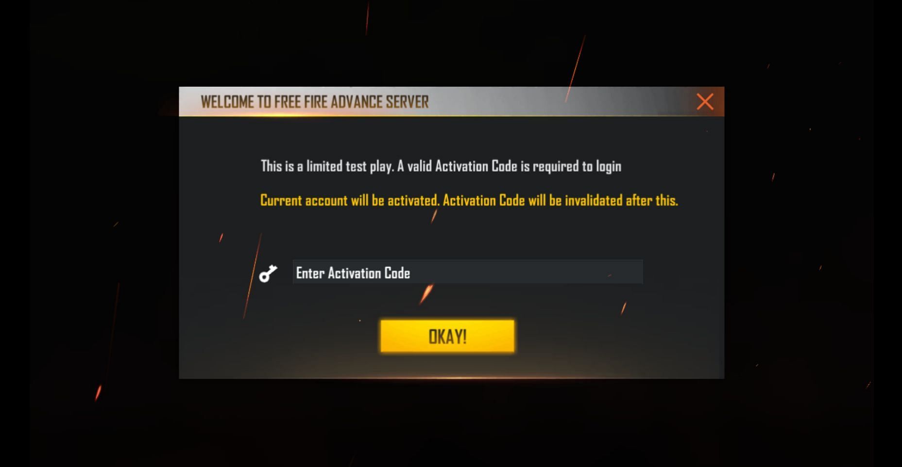 Fill in the Activation Code to gain access (Image via Garena)