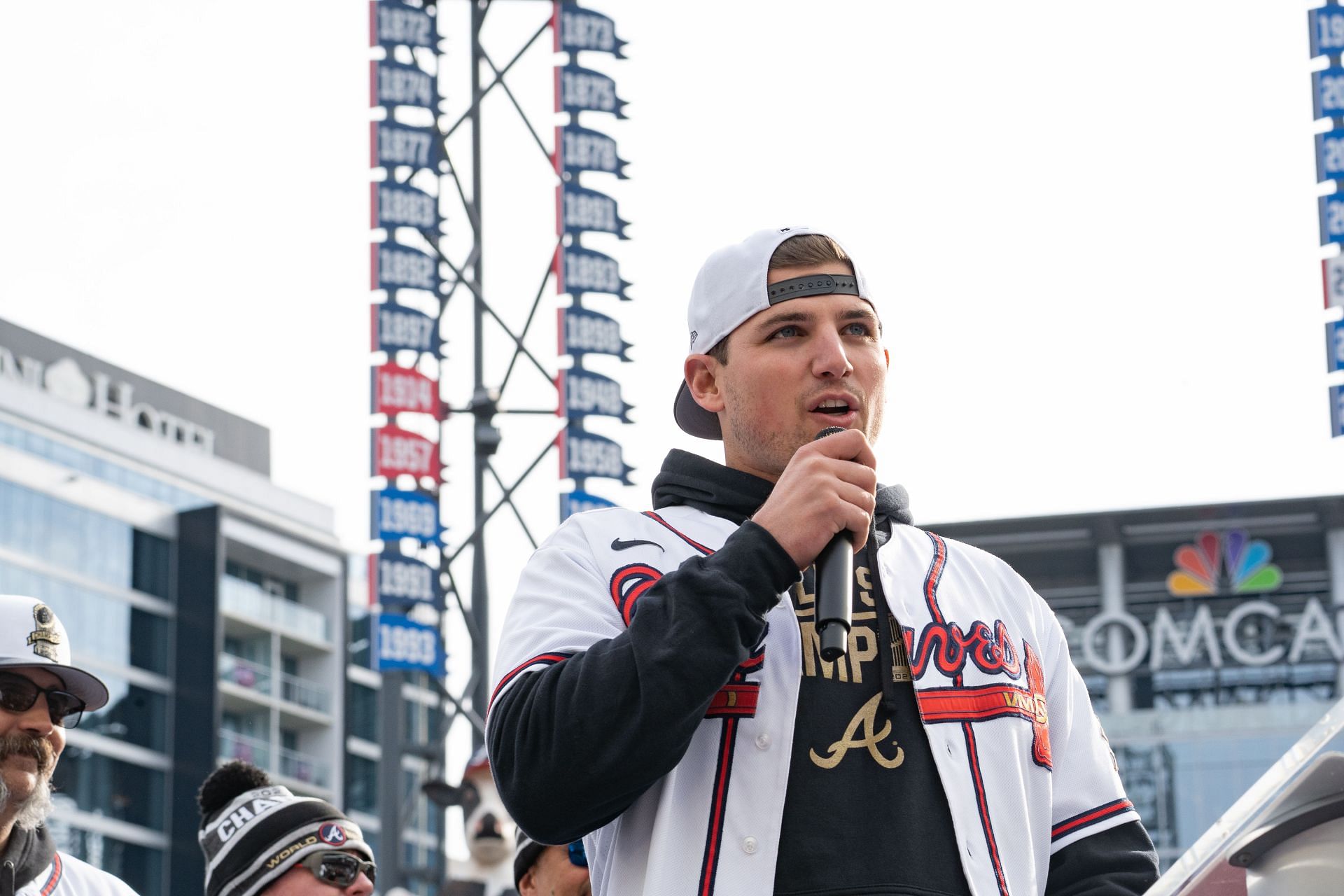 Austin Riley speaks following the World Series Parade at Truist Park