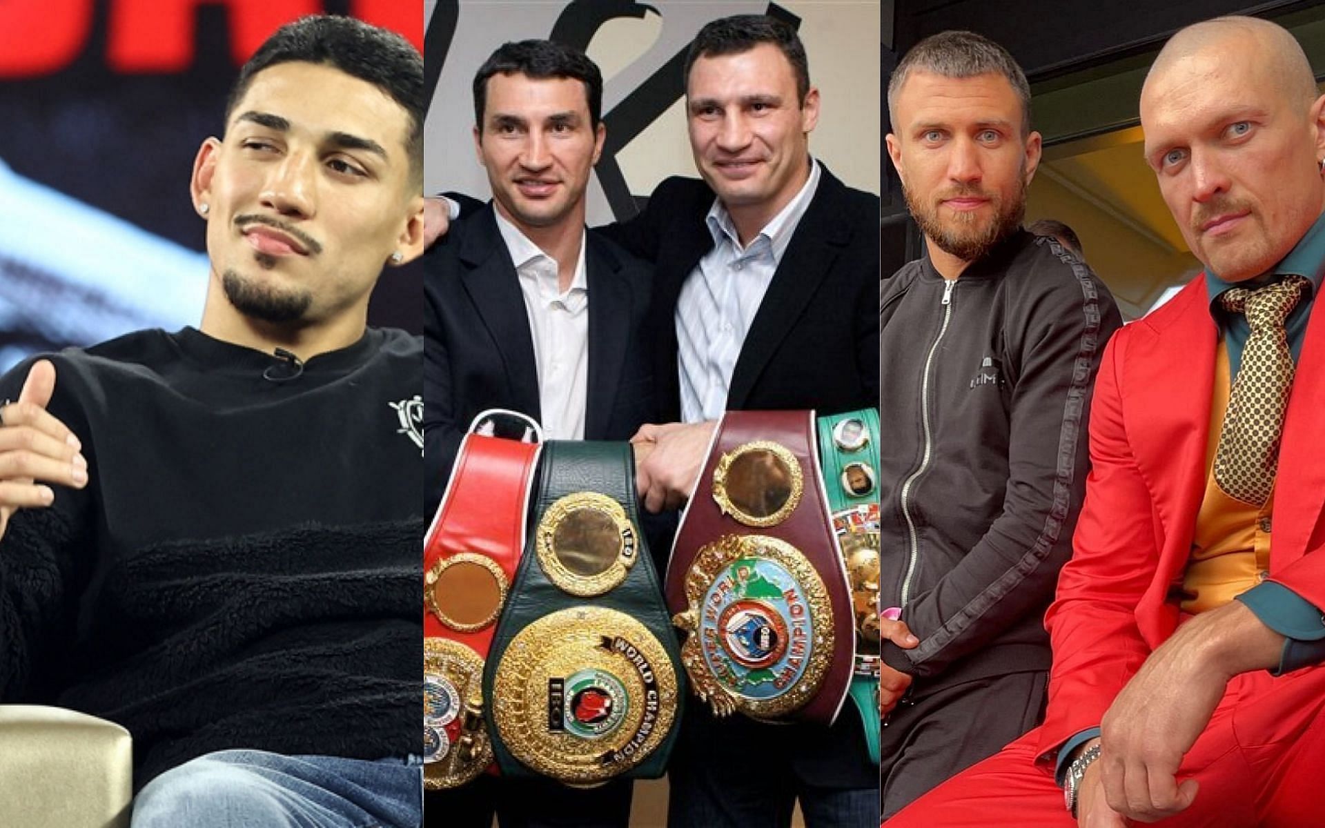 Teofimo Lopez (left), the Klitschko brothers (center) and Vasyl Lomachenko with Oleksandr Usyk (right)