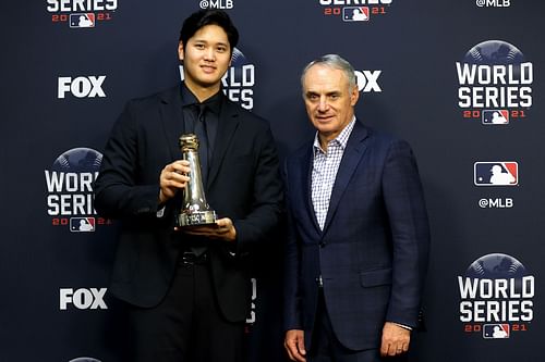 Shohei Ohtani (left) and MLB Commissioner Rob Manfred during a World Series press conference