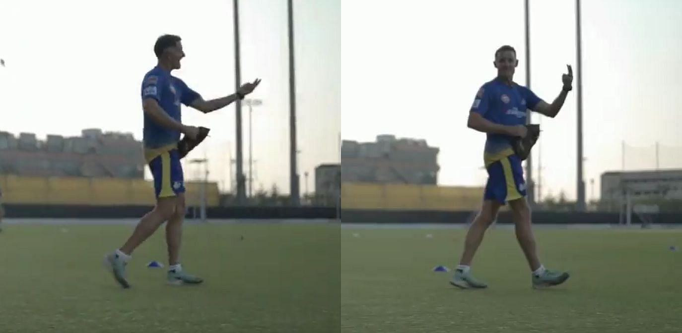 Michael Hussey trying to copy Mukesh Choudhary&rsquo;s bowling action. Pic: Chennai Super Kings