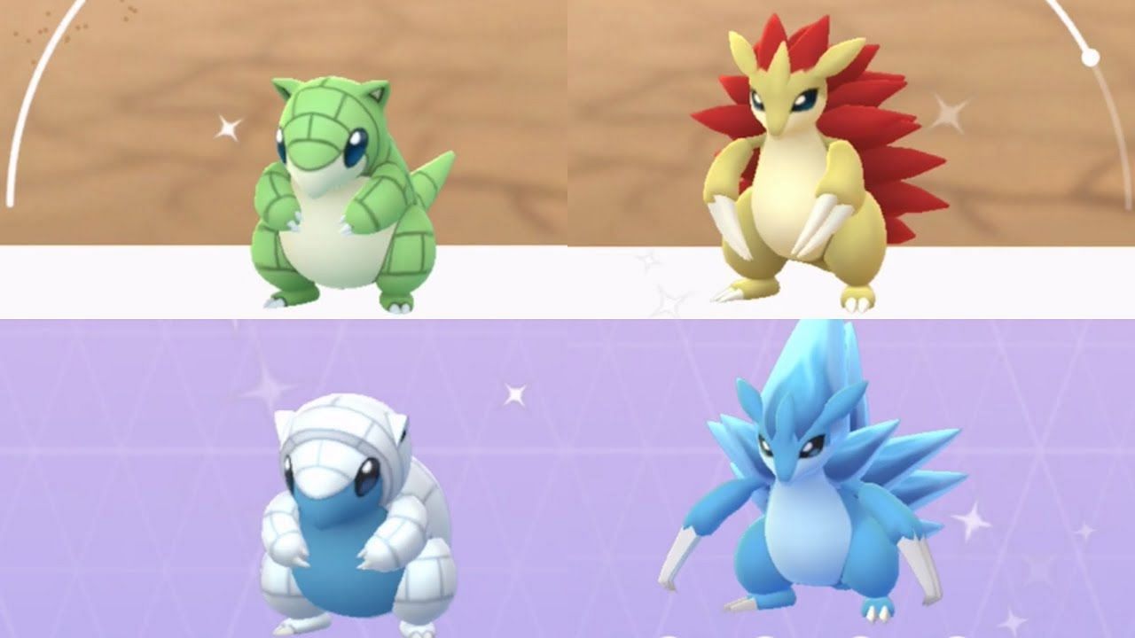 Both forms of Shiny Sandshrew and Sandslash as they appear in Pokemon GO (Image via Niantic/Critical Slacker on YouTube)