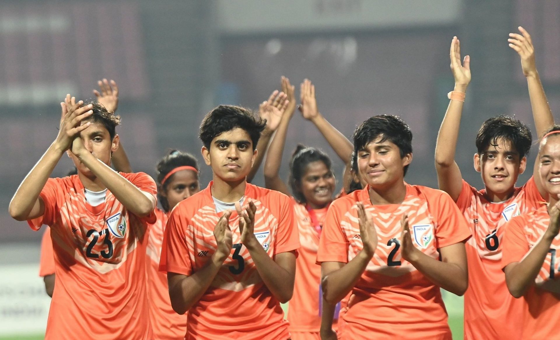 Indian U-18 Women&#039;s Team celebrating after their victory against Nepal. (Image Courtesy: Twitter/IndianFootball)
