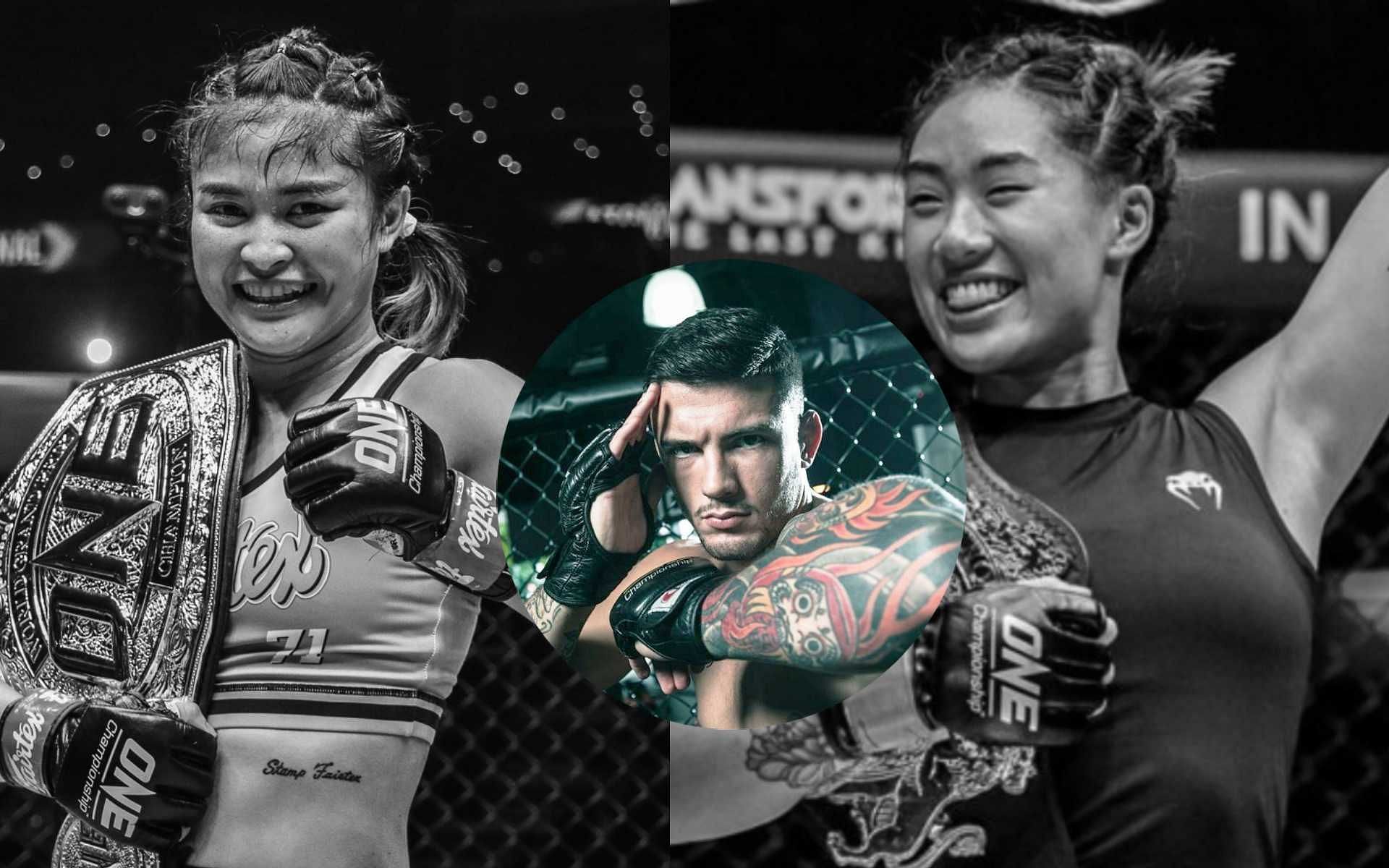 Bruno Pucci (center circle) predicts that his wife Angela Lee (right) will submit Stamp Fairtex (left) in the main event of ONE X. [Photos ONE Championship]