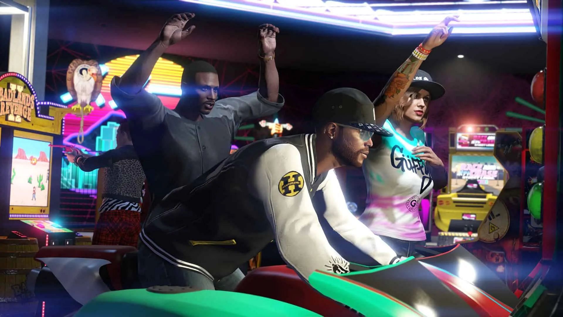 Jamming at the arcade after a successful GTA Online Heist (Image via GTA Boom)