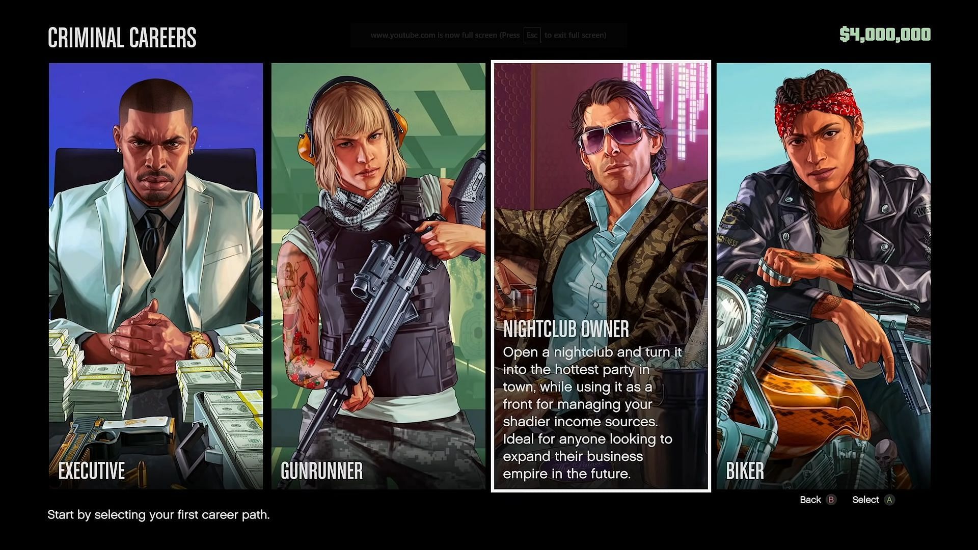 The four options are Executive, Gunrunning, Biker and Nightclub owner (Image via YouTube/MrBossFTW)