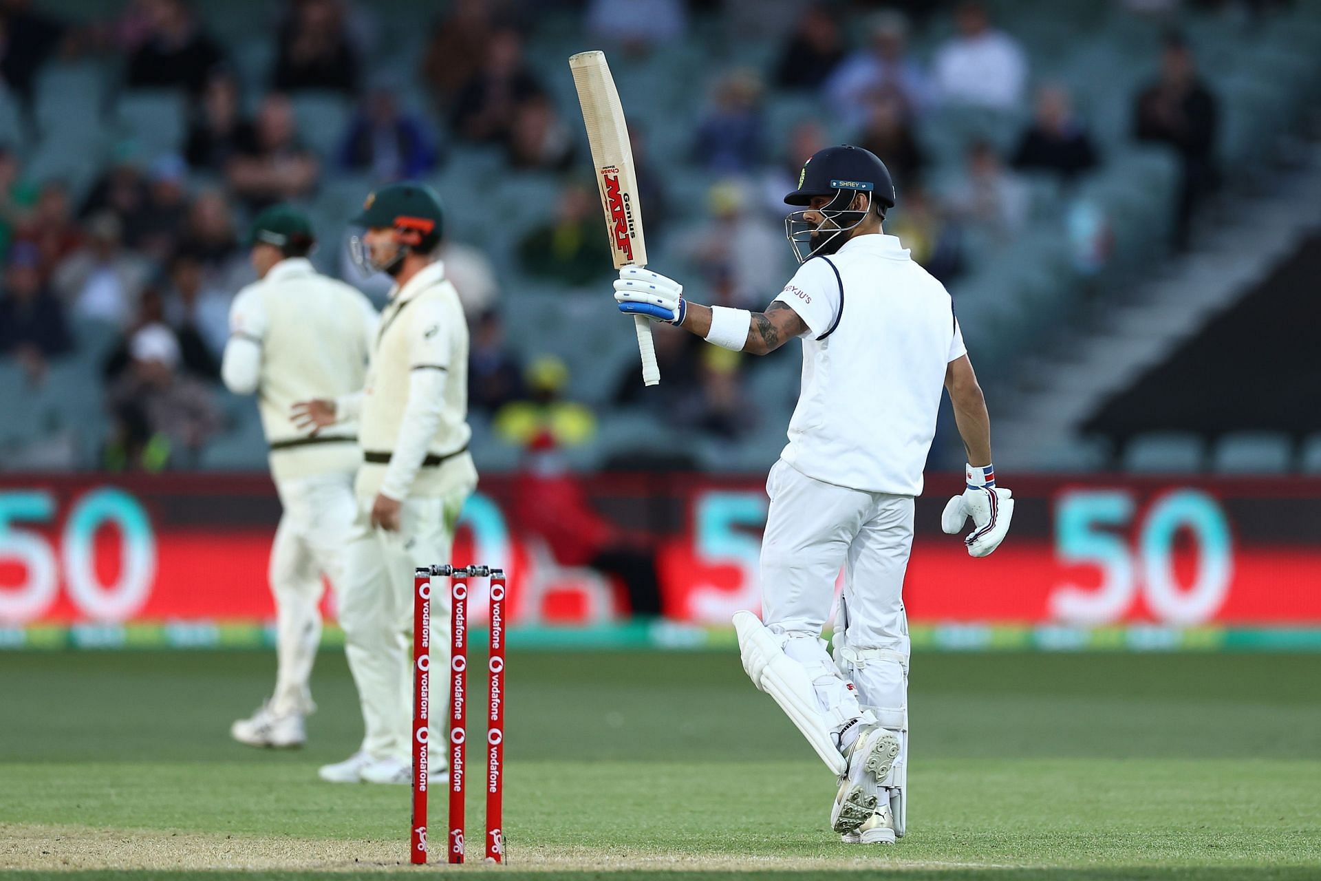 Virat Kohli celebrates his fifty during the Adelaide Test. Pic: Getty Images