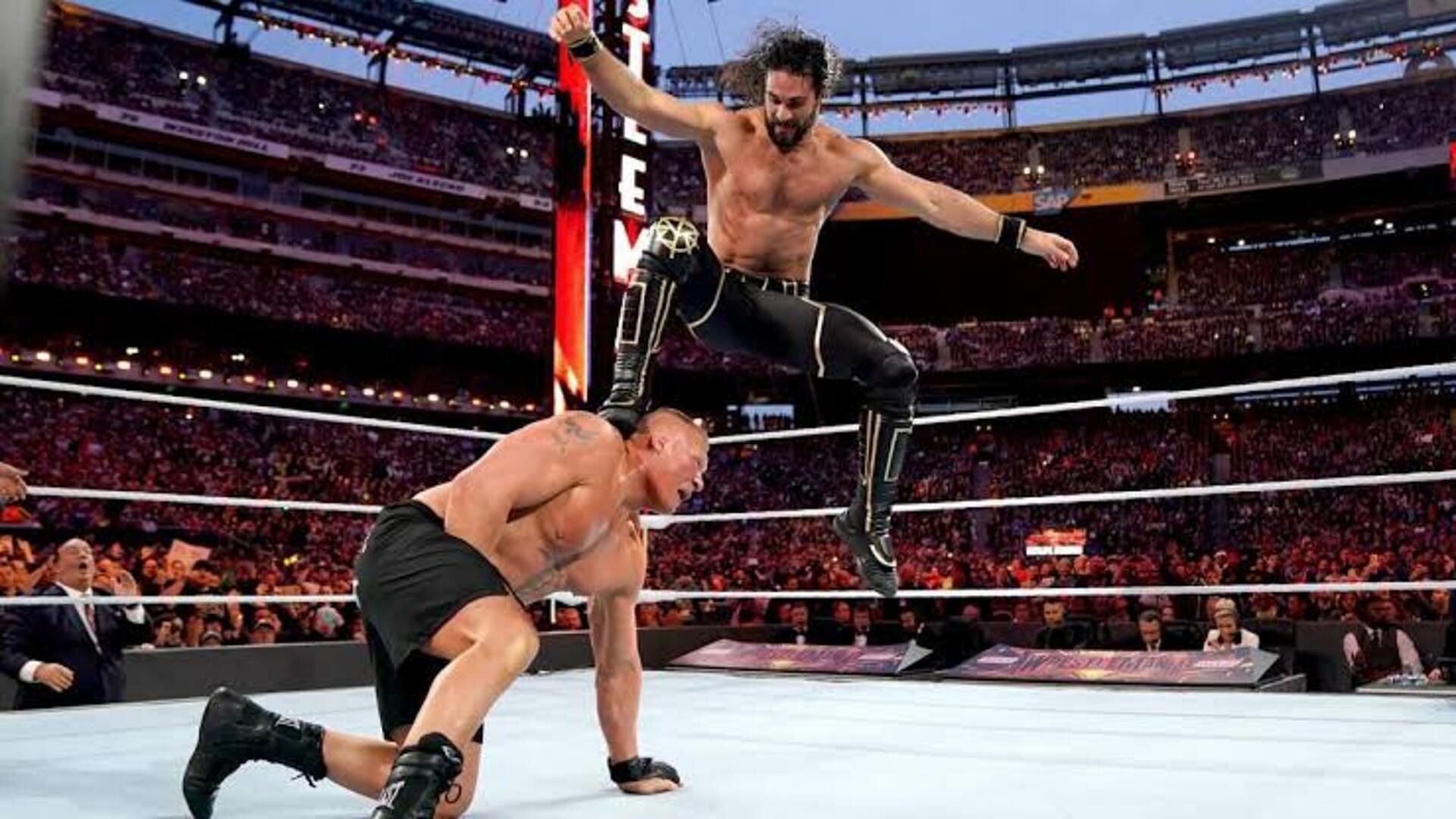 Seth Rollins stomping Brock Lesnar.