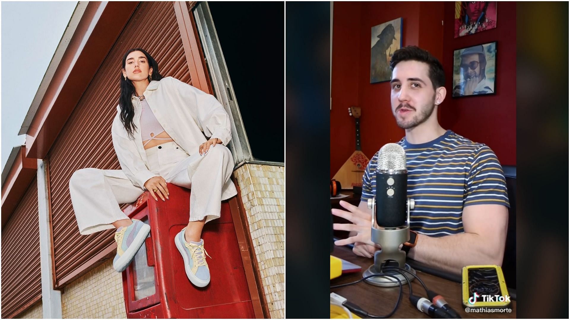 TikTok creator Mathias Morte (right) went viral with his conspiracy theory for the Dua Lipa lawsuit (Image via @dualipa/Instagram and @mathiasmorte/TikTok)