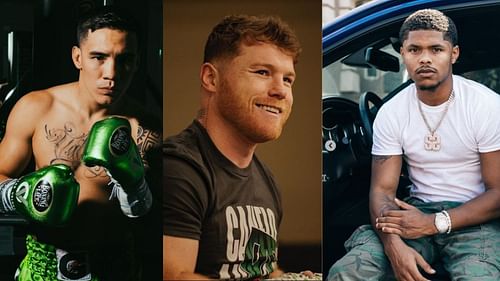 Oscar Valdez (left), Canelo Alvarez (Center), and Shakur Stevenson (Right)