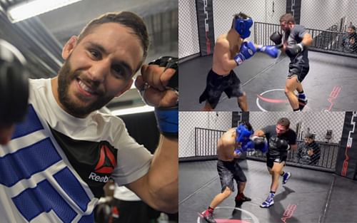 Chad Mendes (left, image courtesy of Getty); Yadong sparring with Mendes (top and bottom right, images courtesy of @chadmendes Instagram)