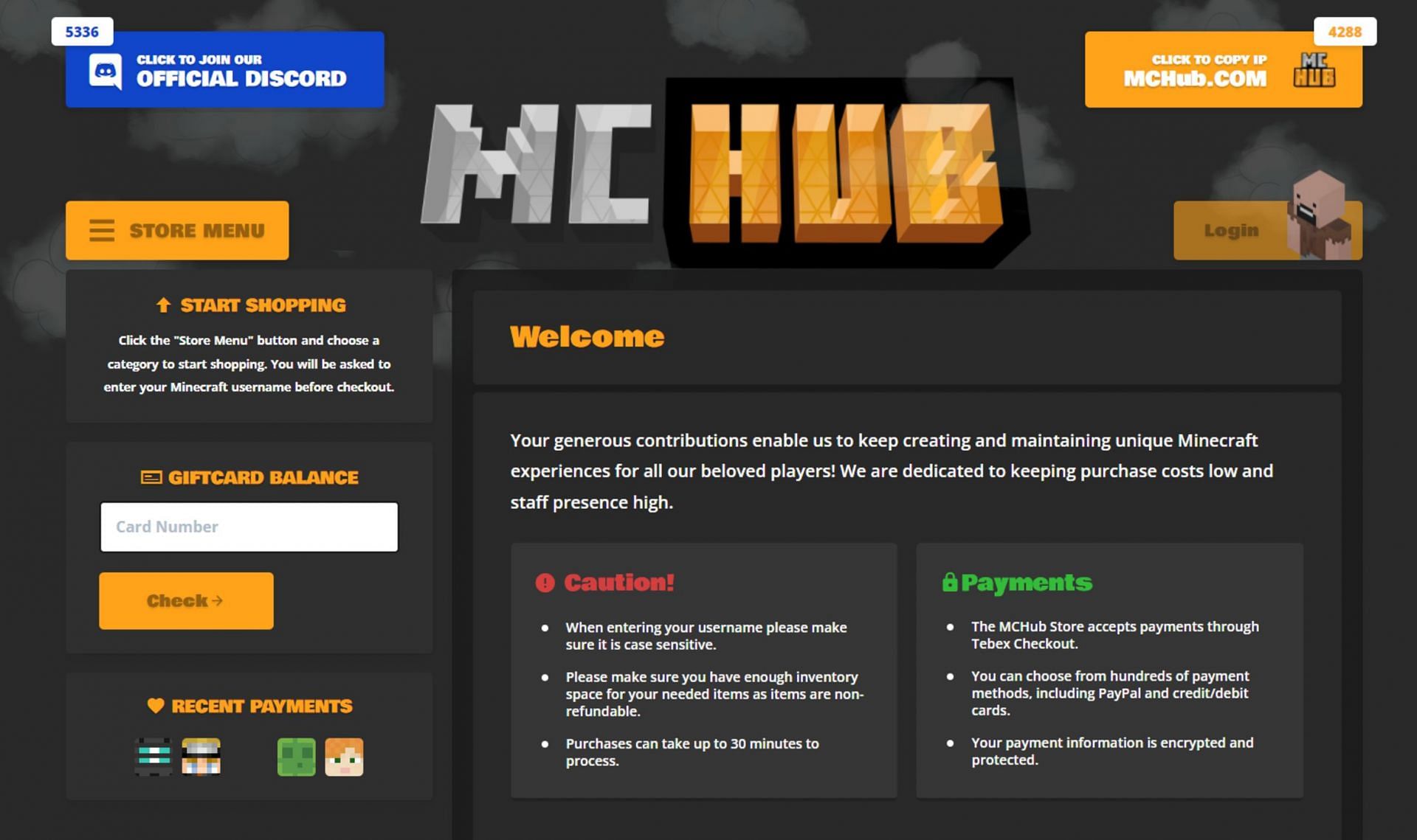 MCHub&#039;s core landing page for players (Image via MCHub)