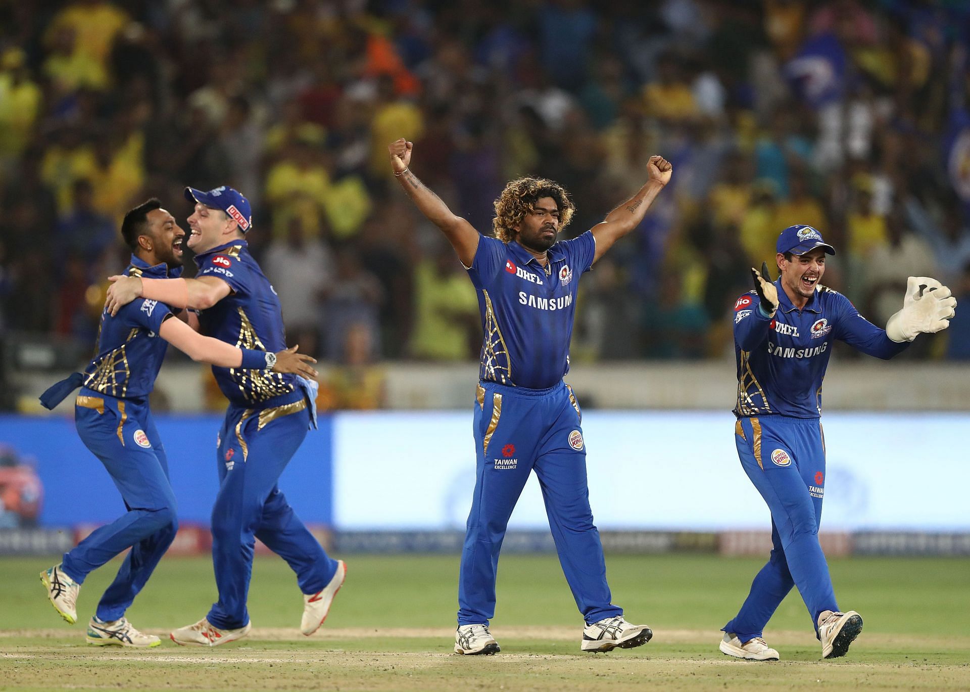 Lasith Malinga celebrates taking the last wicket in the 2019 final. Pic: Getty Images