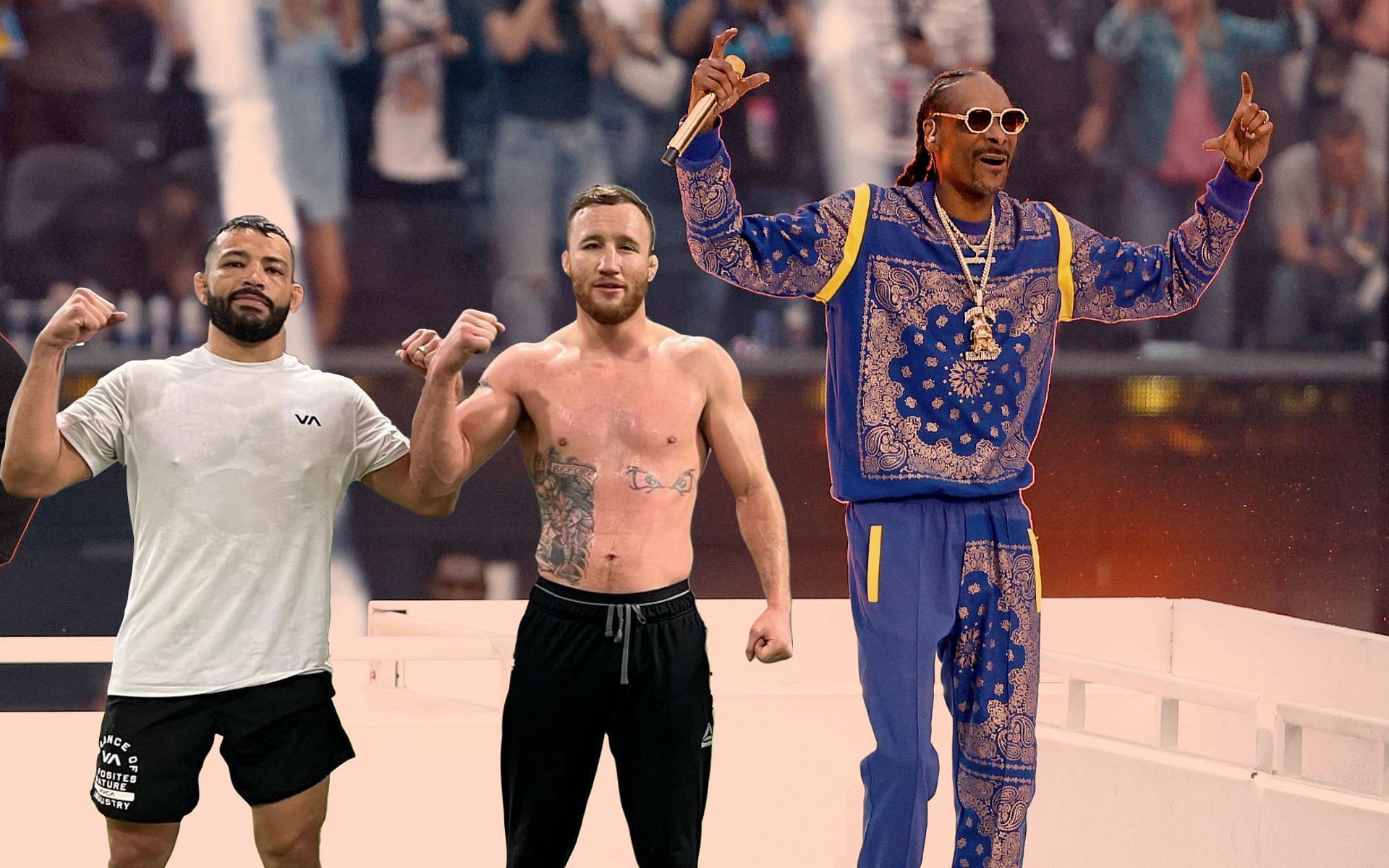 Dan Ige (left), Justin Gaethje (center) and Snoop Dogg (right), (Images via Instagram / @dynamitedan808 and Getty)