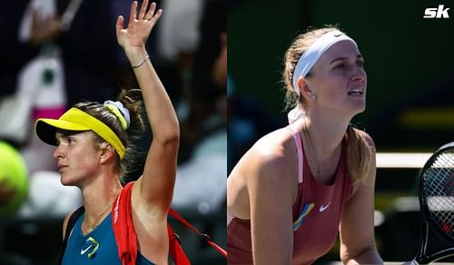 Elina Svitolina (L) and Petra Kvitova sporting the yellow-blue Ukrainian ribbon