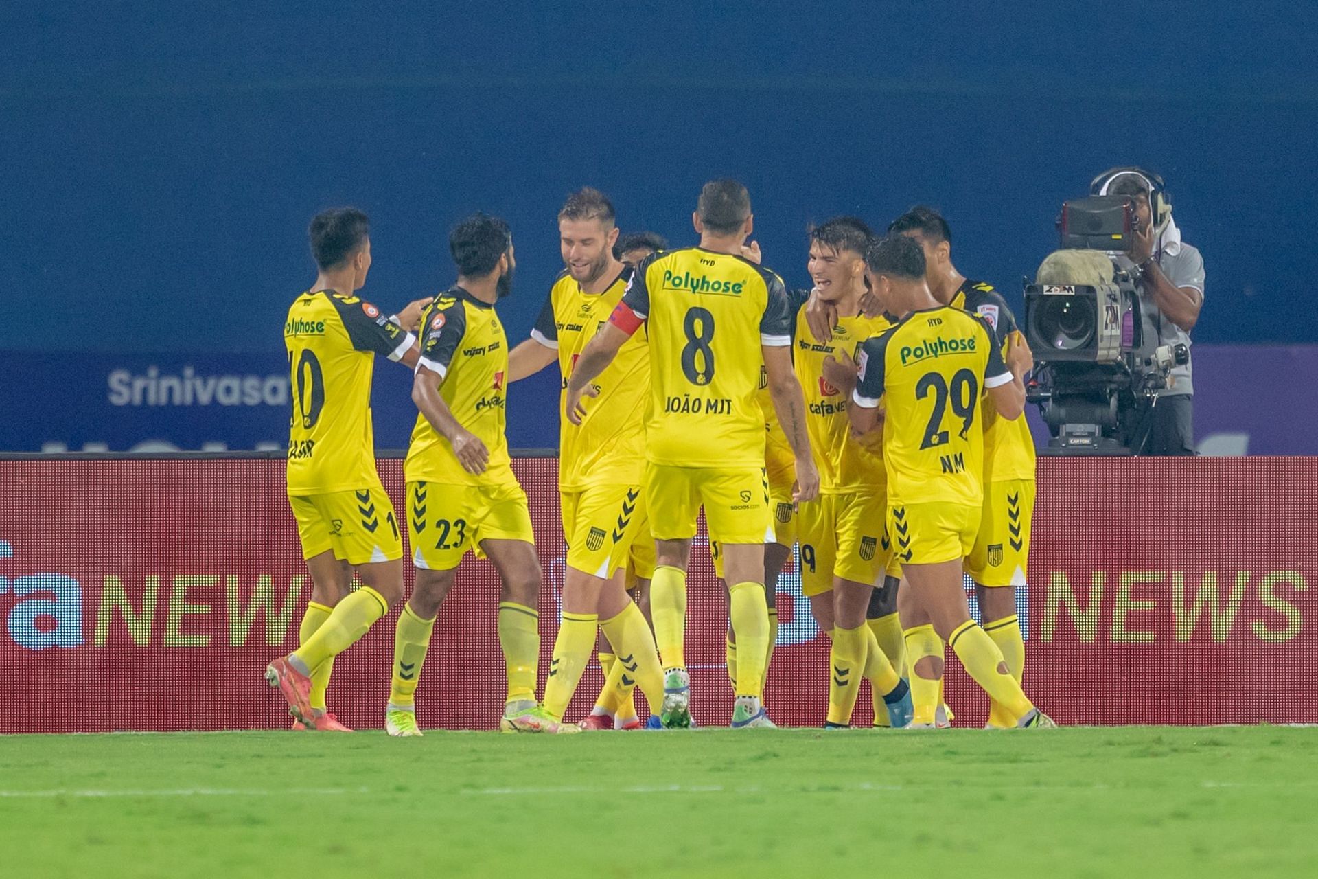 Hyderabad FC players celebrate after taking the lead against ATK Mohun Bagan. (Image Courtesy: ISL Media)