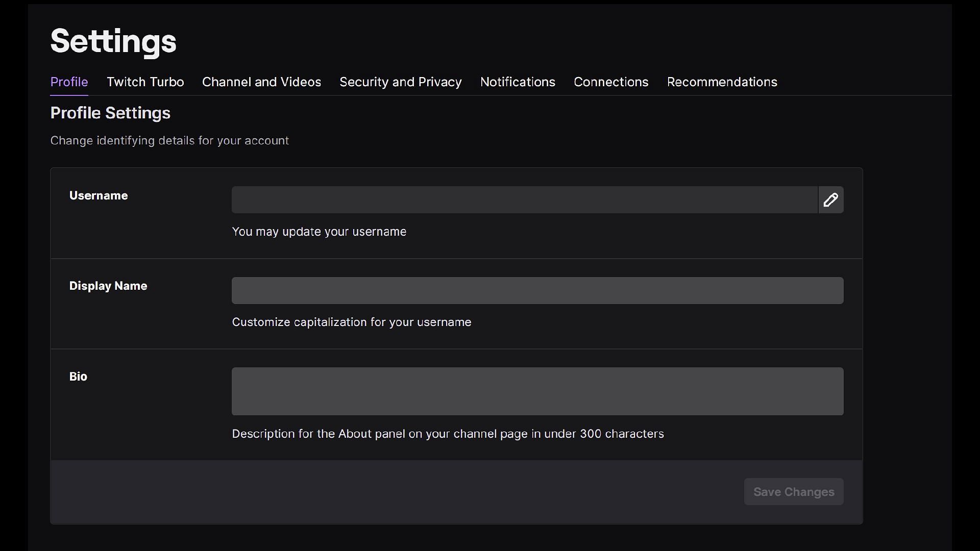 Settings under which the user can change their username (Image via Twitch)