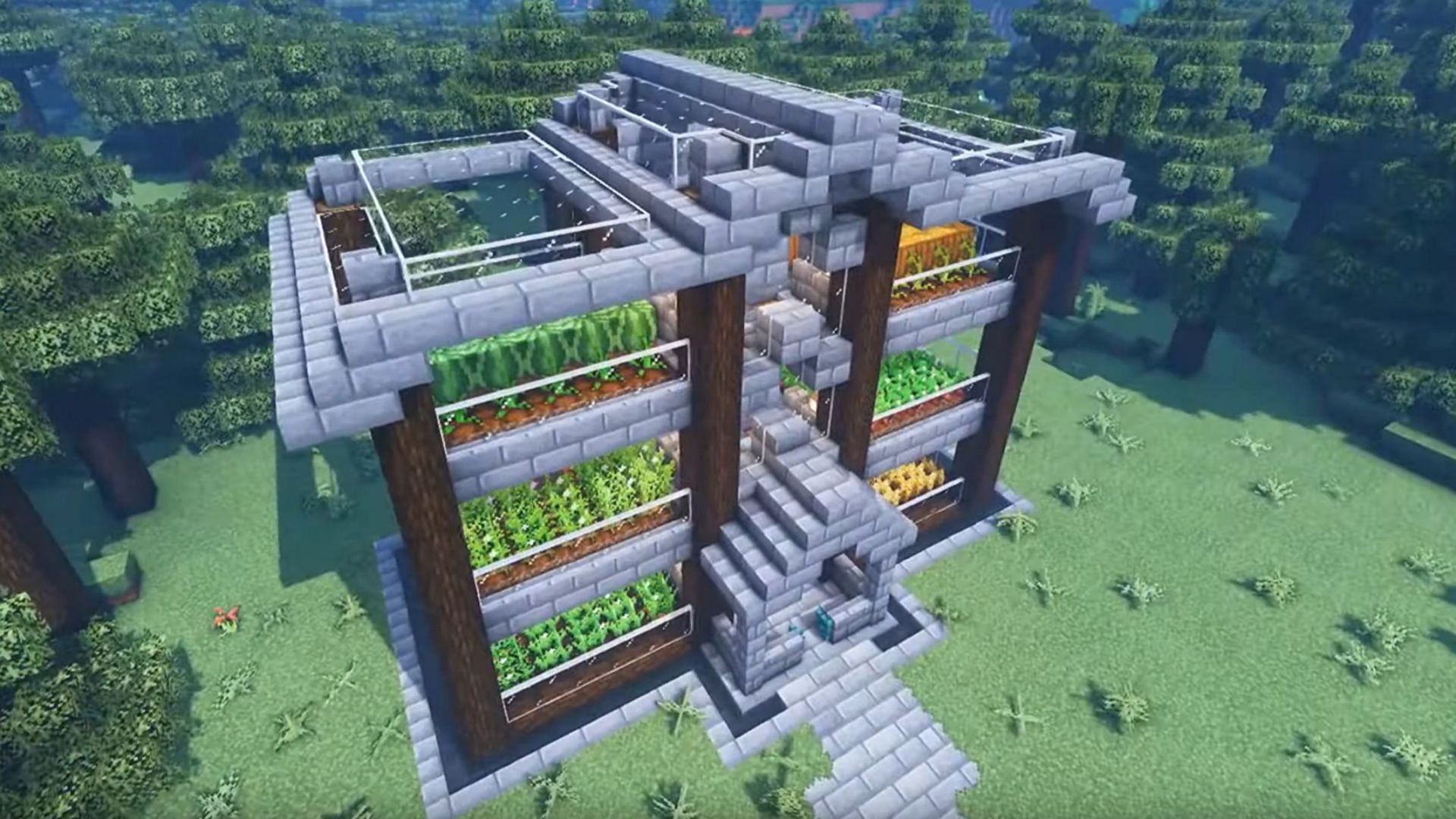 A multi-floored farm built in a forest (Image via Mojang)