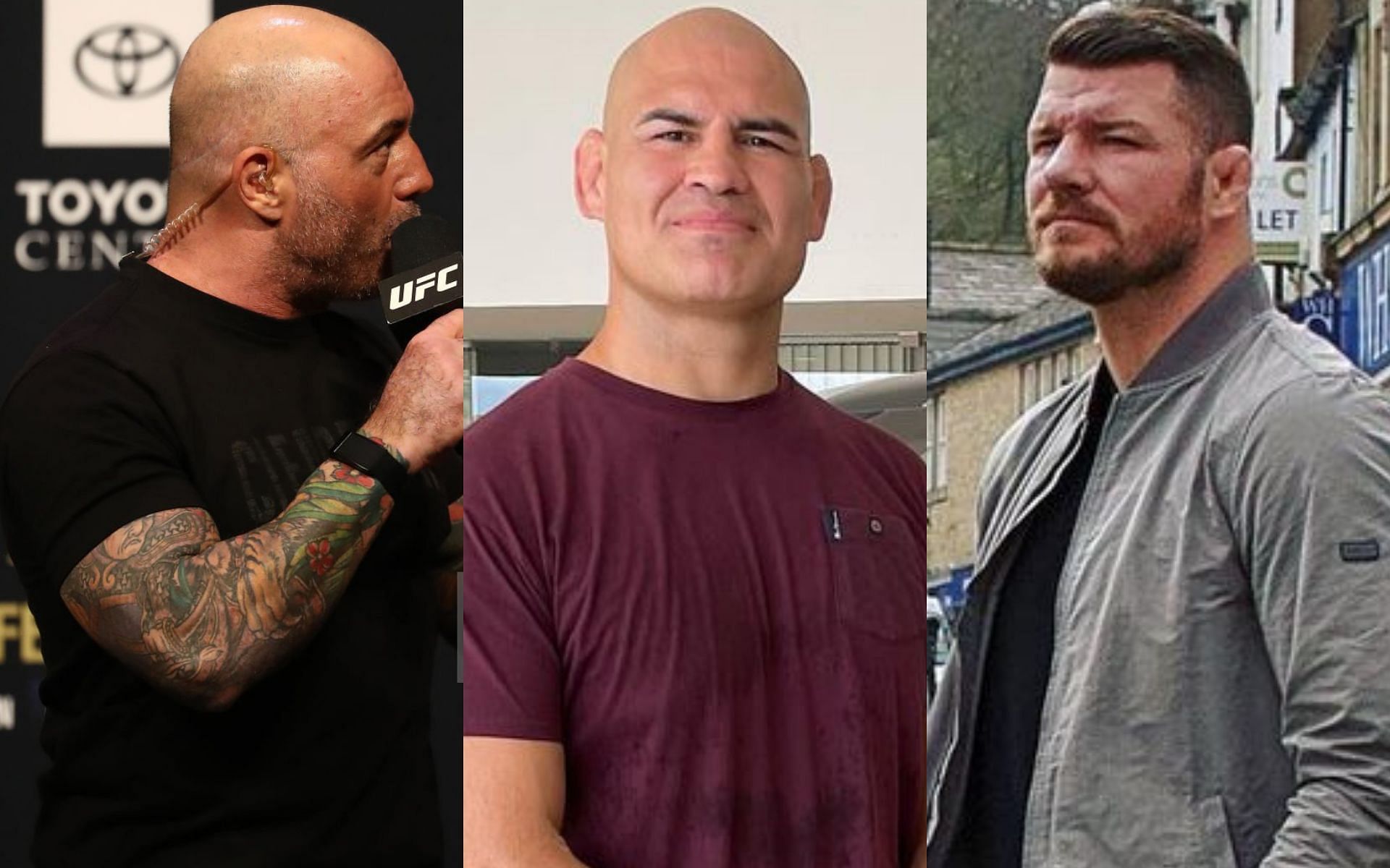 (L to R) Joe Rogan via Getty, Cain Velasquez and Michael Bisping via Instagram @officialcainvelasquez and @mikebisping