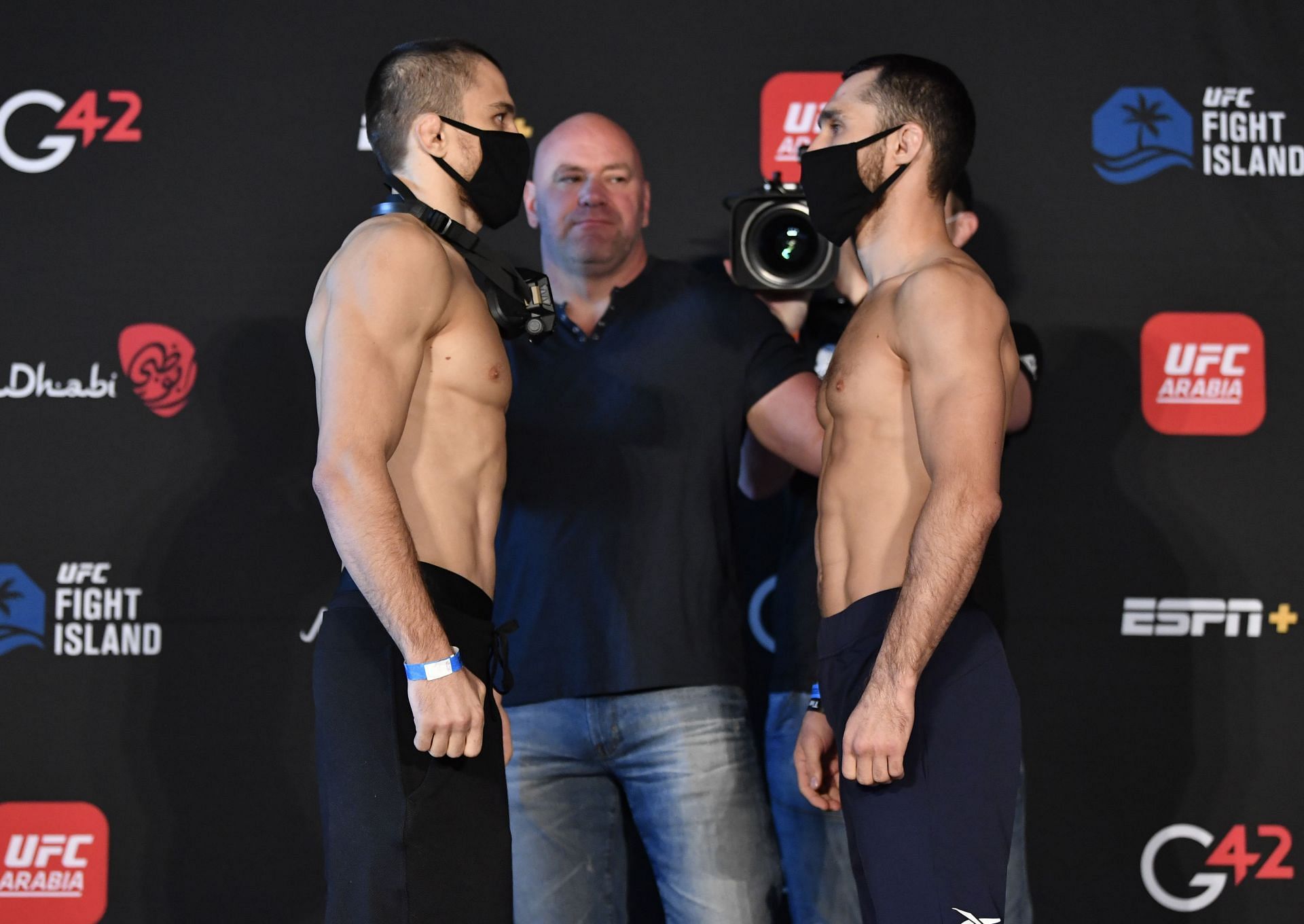 Umar Nurmagomedov (left) at UFC Fight Night: Chiesa v Magny: Weigh-Ins