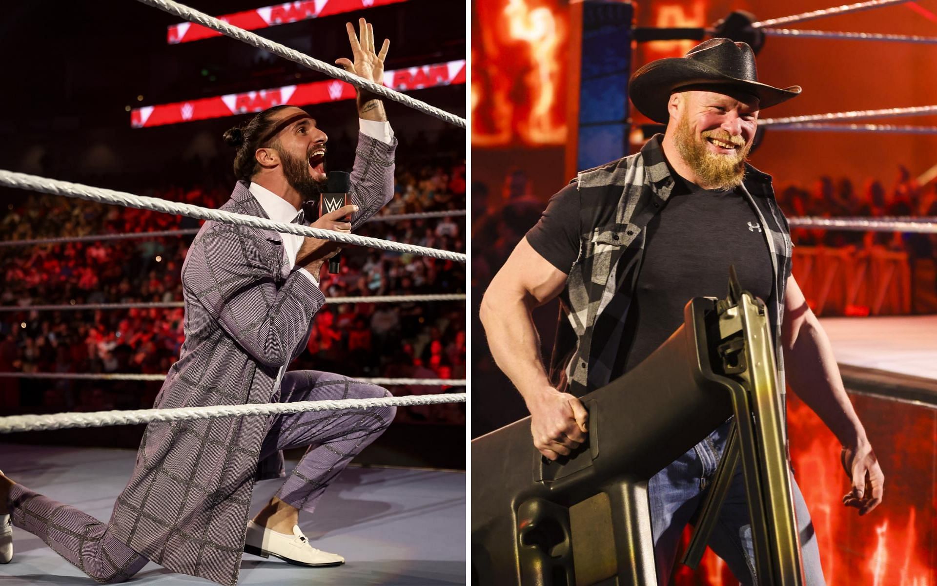 Seth Rollins on RAW (left); Brock Lesnar on SmackDown (right)