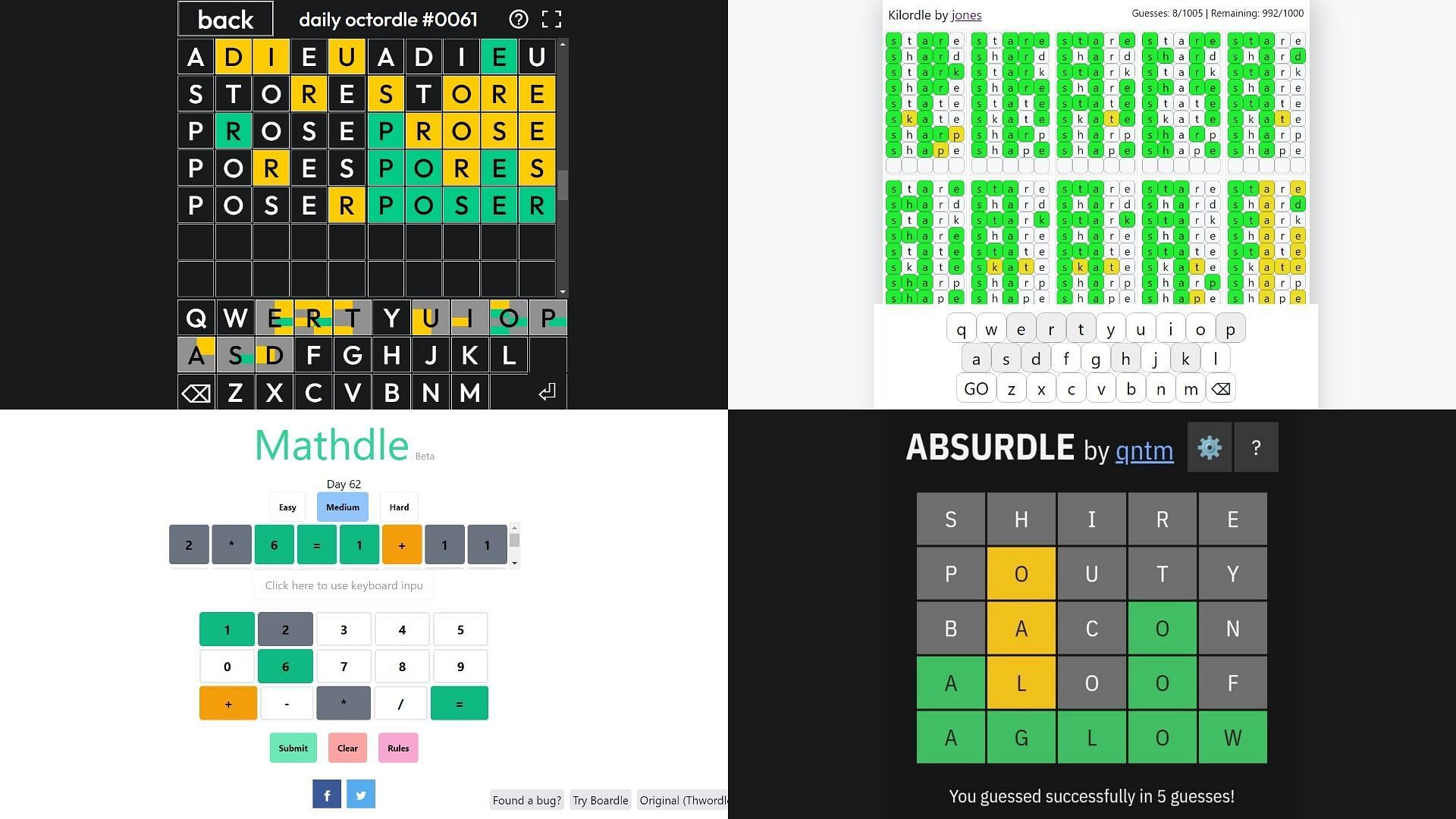 These 5 Wordle spinoffs are for players seeking harder challenges (Images via Octordle, Kilordle, Mathdle, and Absurdle)