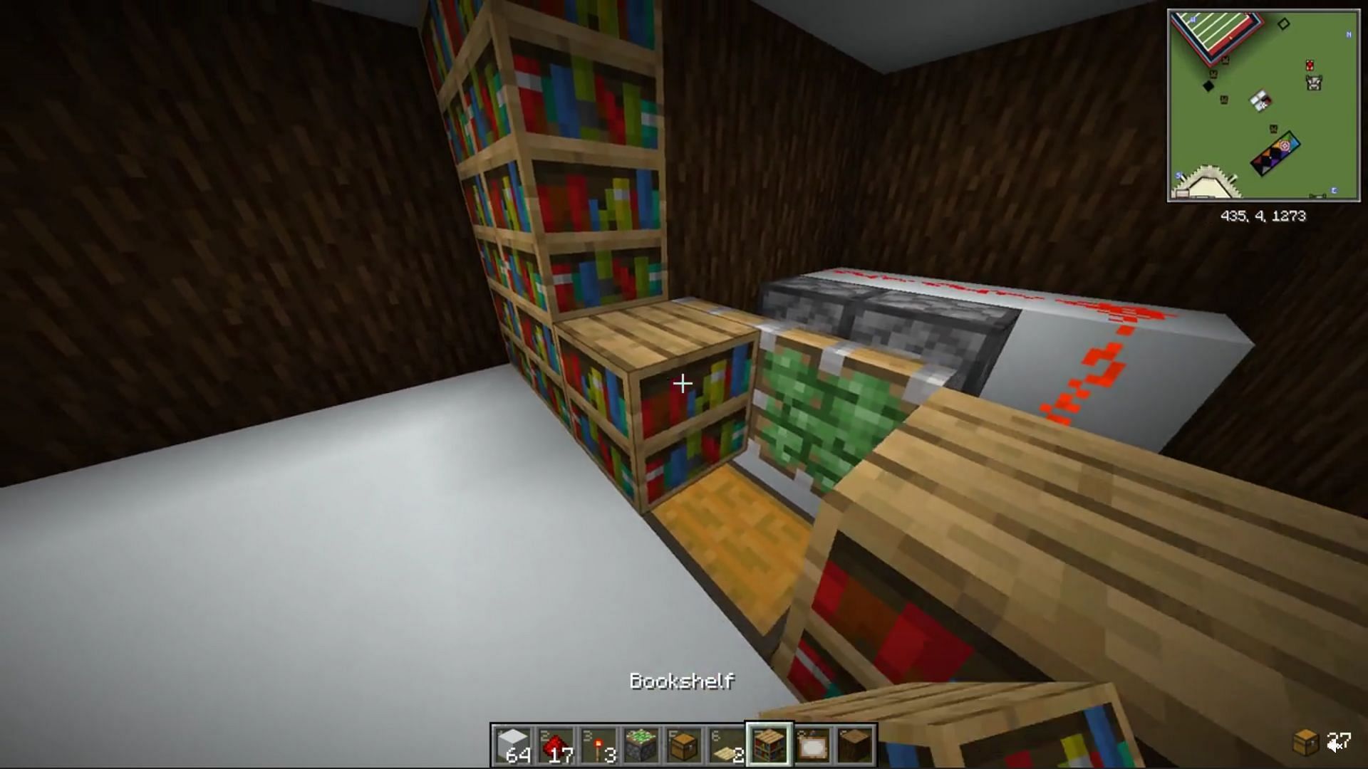 Complete redstone contraption behind the bookshelves (Image via u/manimanito100/Reddit)
