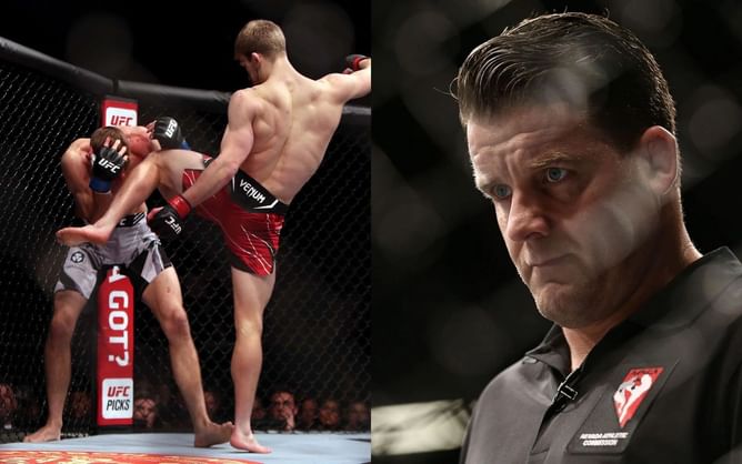 Marc Goddard congratulated fellow UFC referee from cage-side for excellent stoppage of Dan Hooker vs. Arnold Allen fight