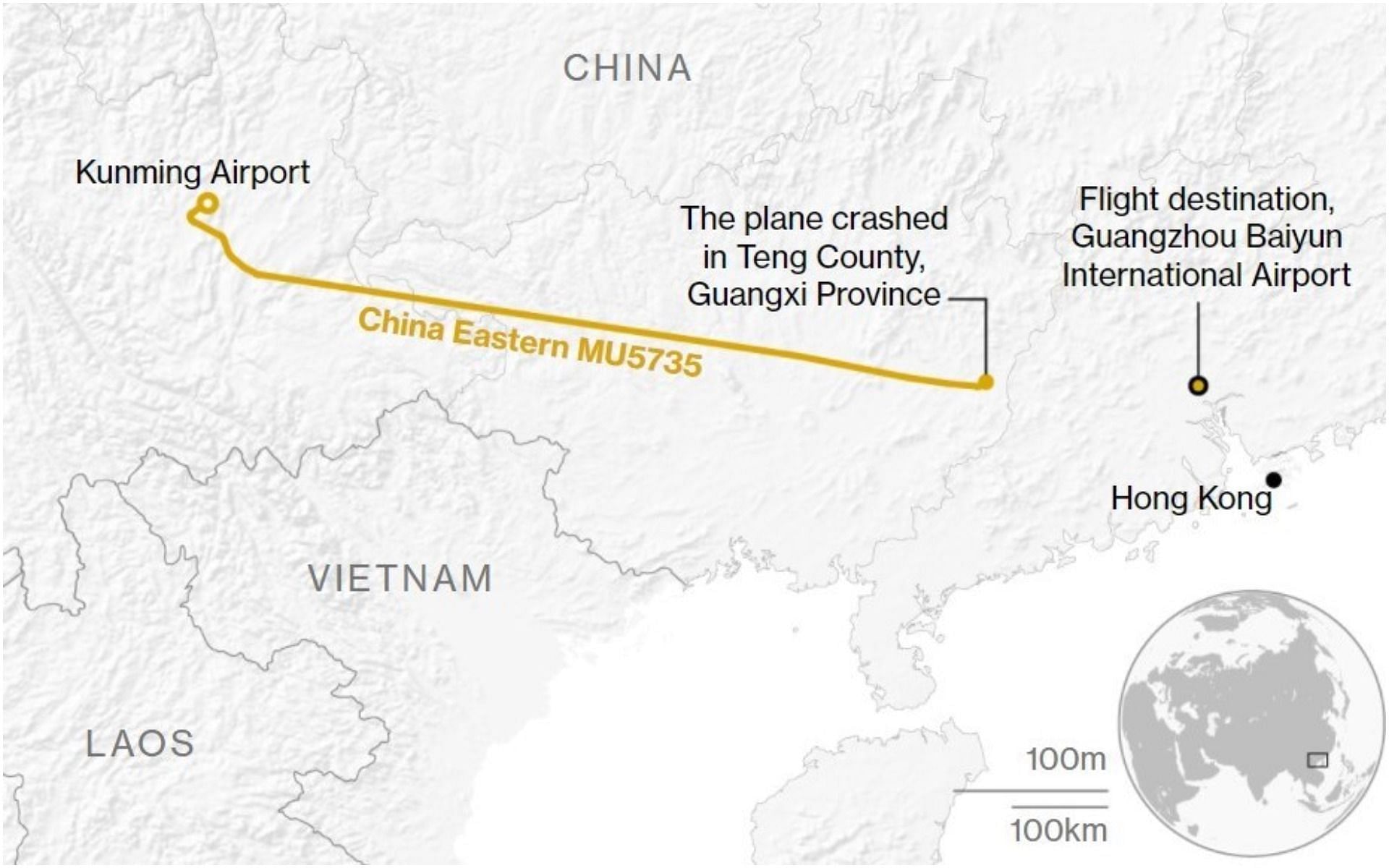 China Eastern&#039;s MU5735 crashed after being airborne for just over an hour (Image via Flightradar24)