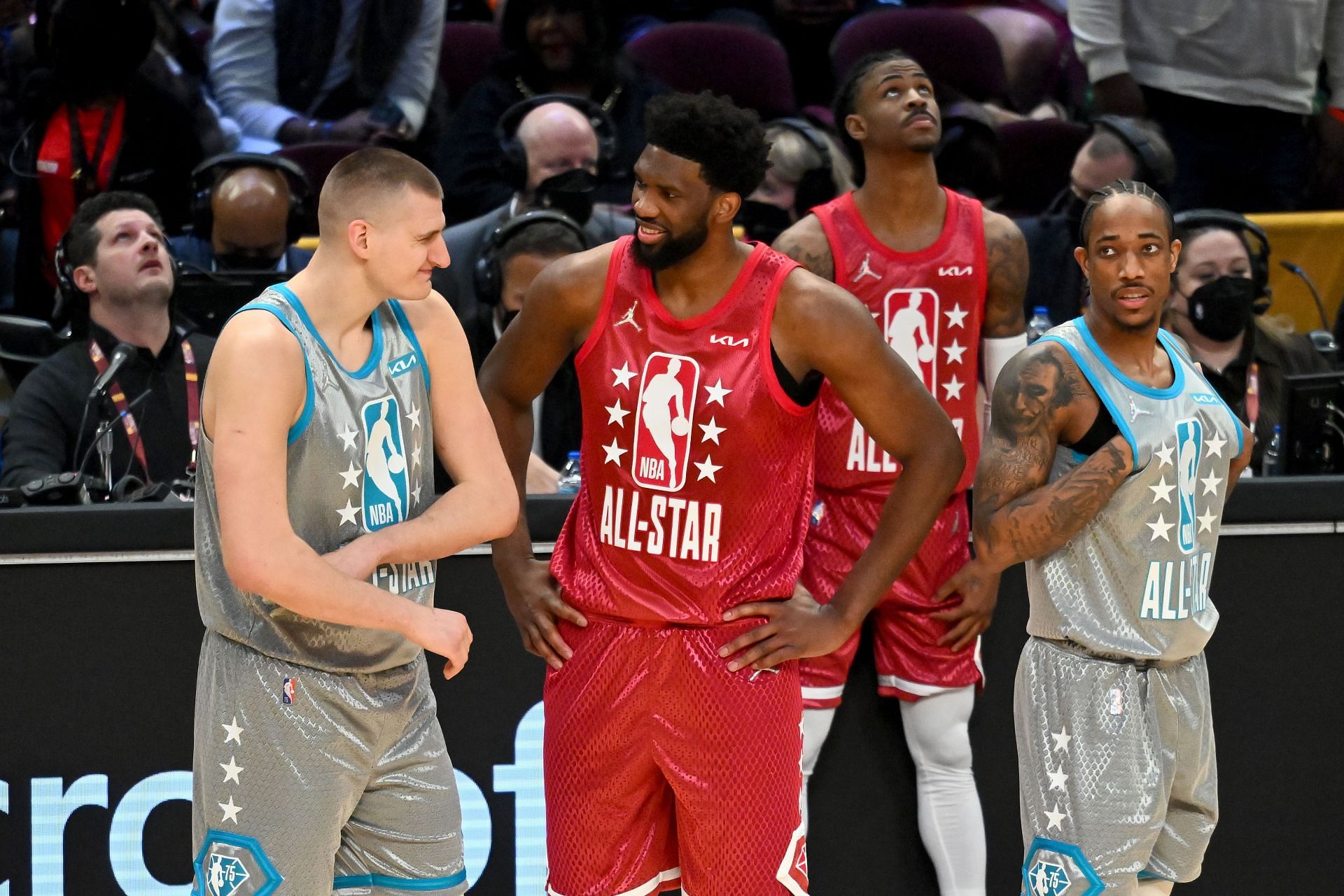2022 NBA All-Star Game - Nikola Jokic #15 of Team LeBron and Joel Embiid #21 of Team Durant.