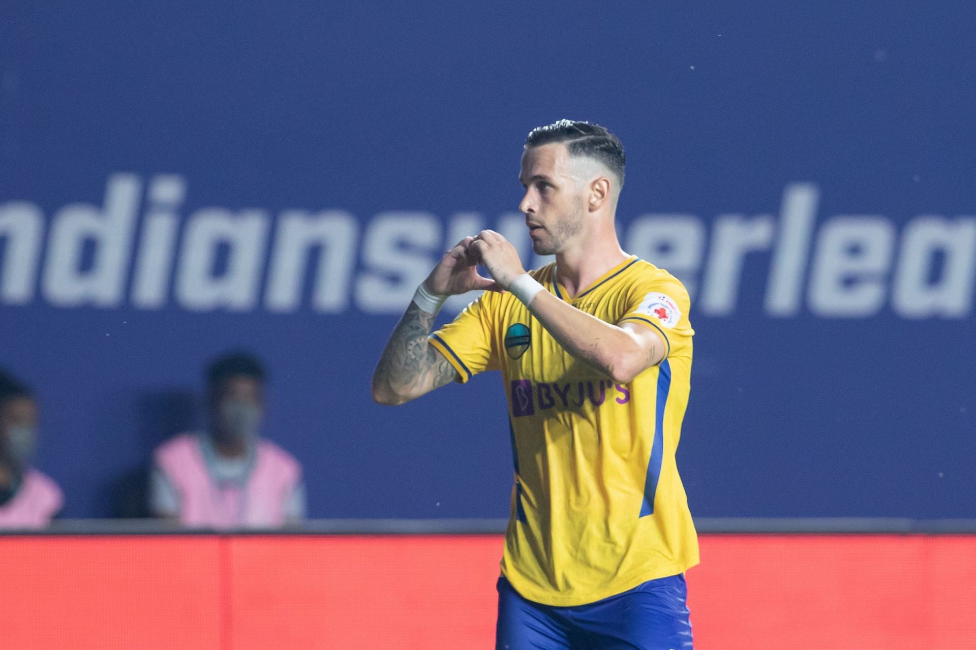 Kerala Blasters&#039; Alvaro Vazquez celebrates scoring against Mumbai City. [Credits: ISL]