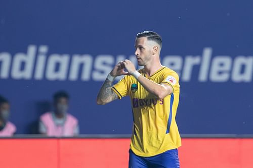 Kerala Blasters' Alvaro Vazquez celebrates scoring against Mumbai City. [Credits: ISL]