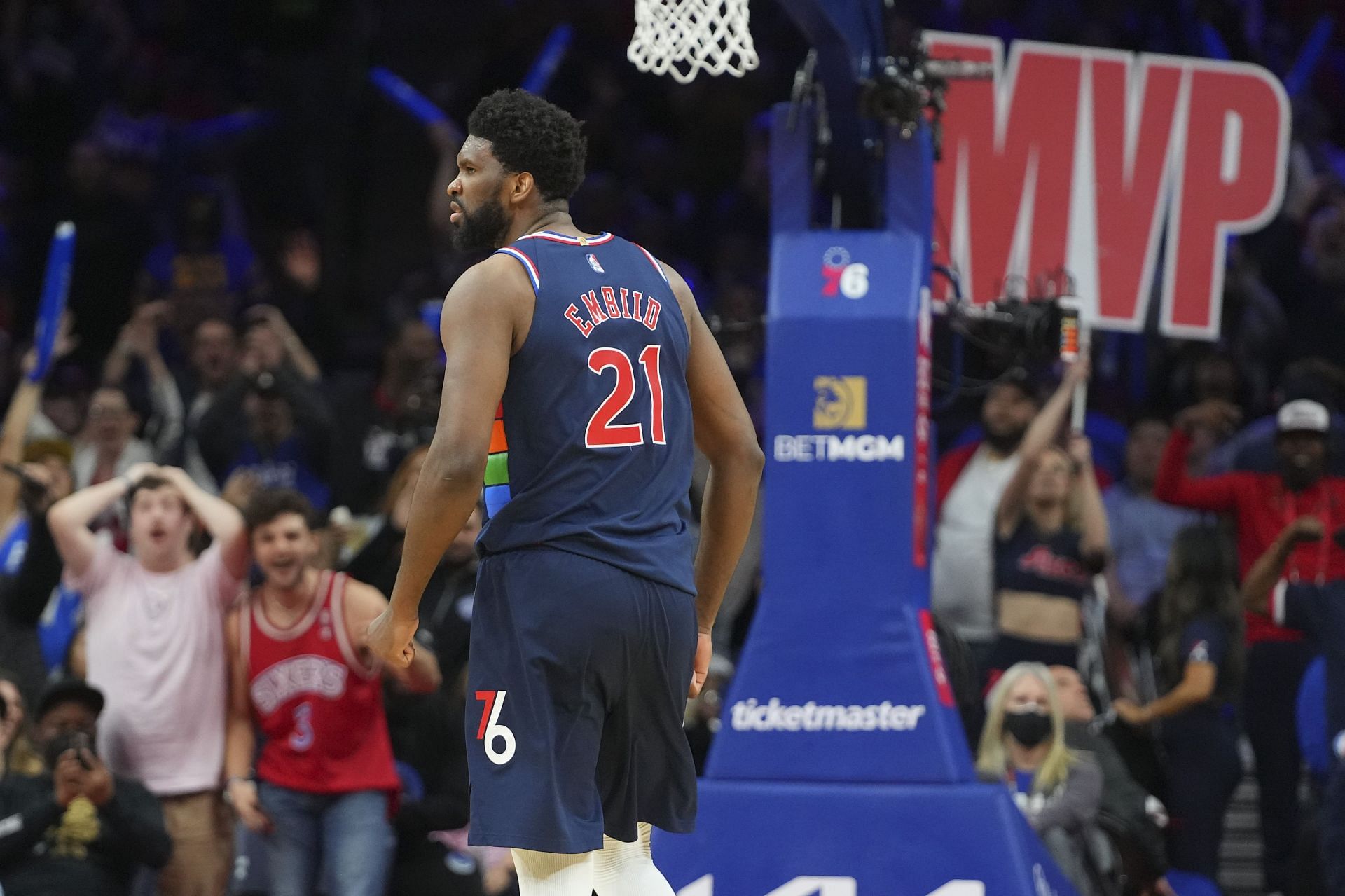 Joel Embiid #21 of the Philadelphia 76ers reacts against the Chicago Bulls in the second half at the Wells Fargo Center on March 7, 2022 in Philadelphia, Pennsylvania. The 76ers defeated the Bulls 121-106.