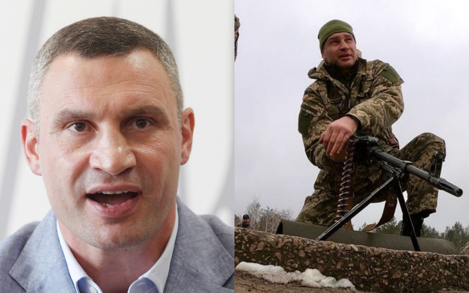 Vitali Klitschko at a press conference (left) and in his army fatigues (right)