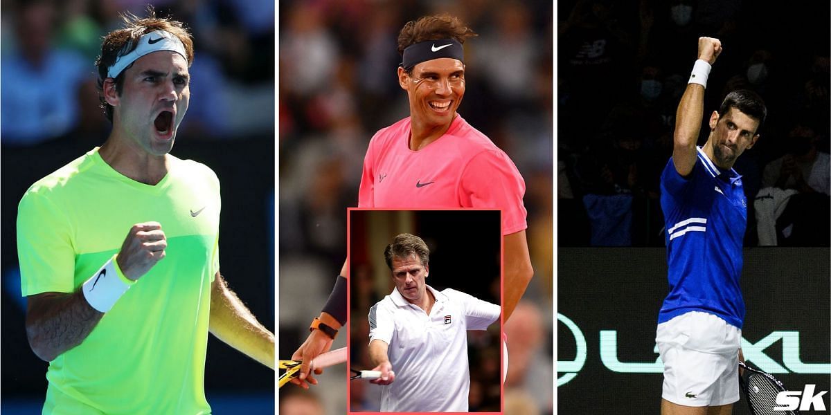 Roger Federer, Rafael Nadal, Andrew Castle, and Novak Djokovic