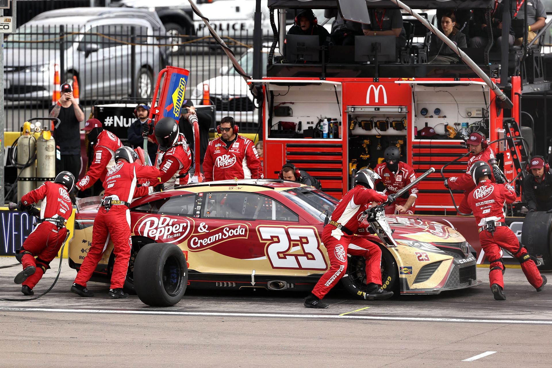 Bubba Wallace Jr. pits during the NASCAR Cup Series Pennzoil 400 at Las Vegas Motor Speedway.